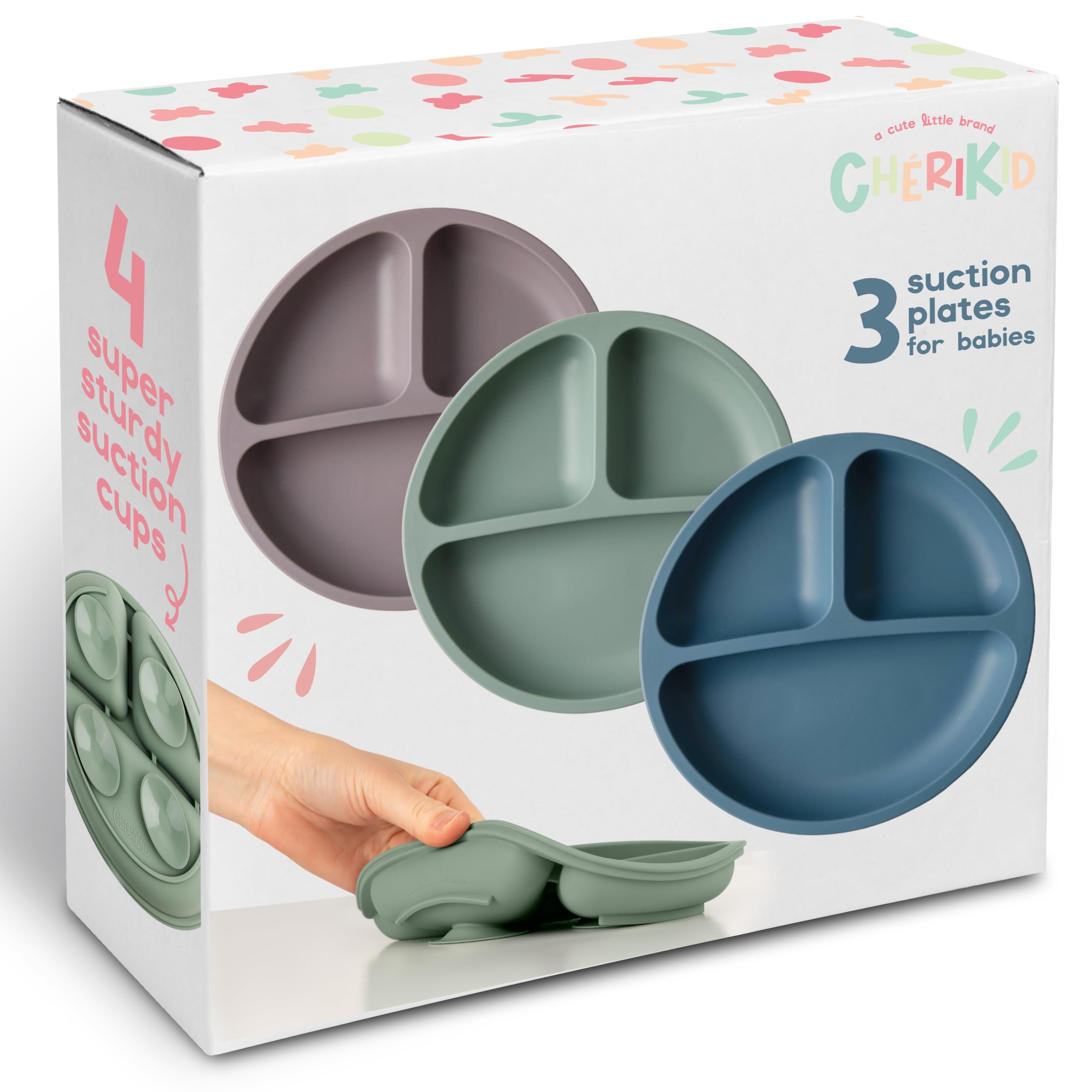 ChériKid quadruple suction plate securely grips smooth tables for mess-free meals