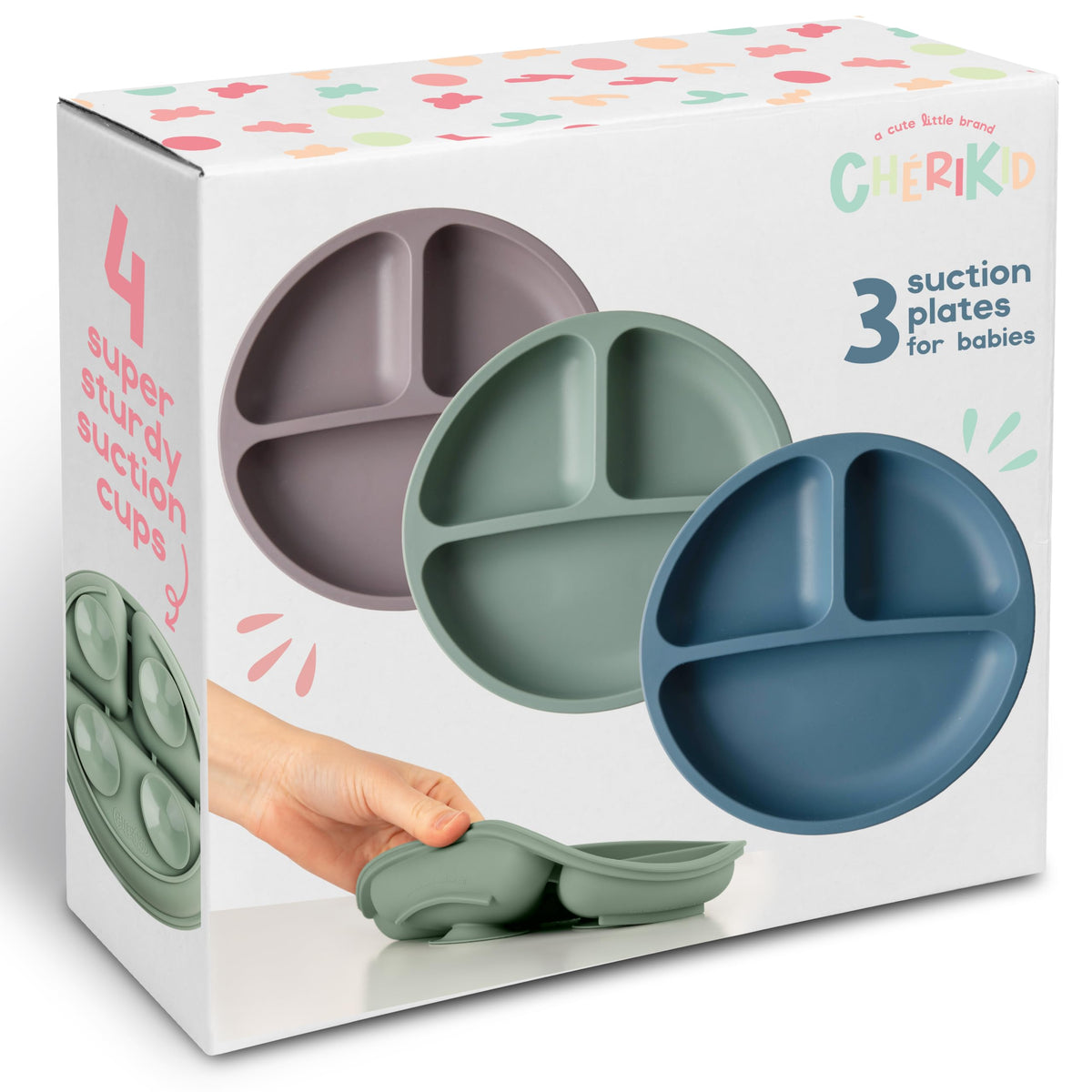 ChériKid quadruple suction plate securely grips smooth tables for mess-free meals