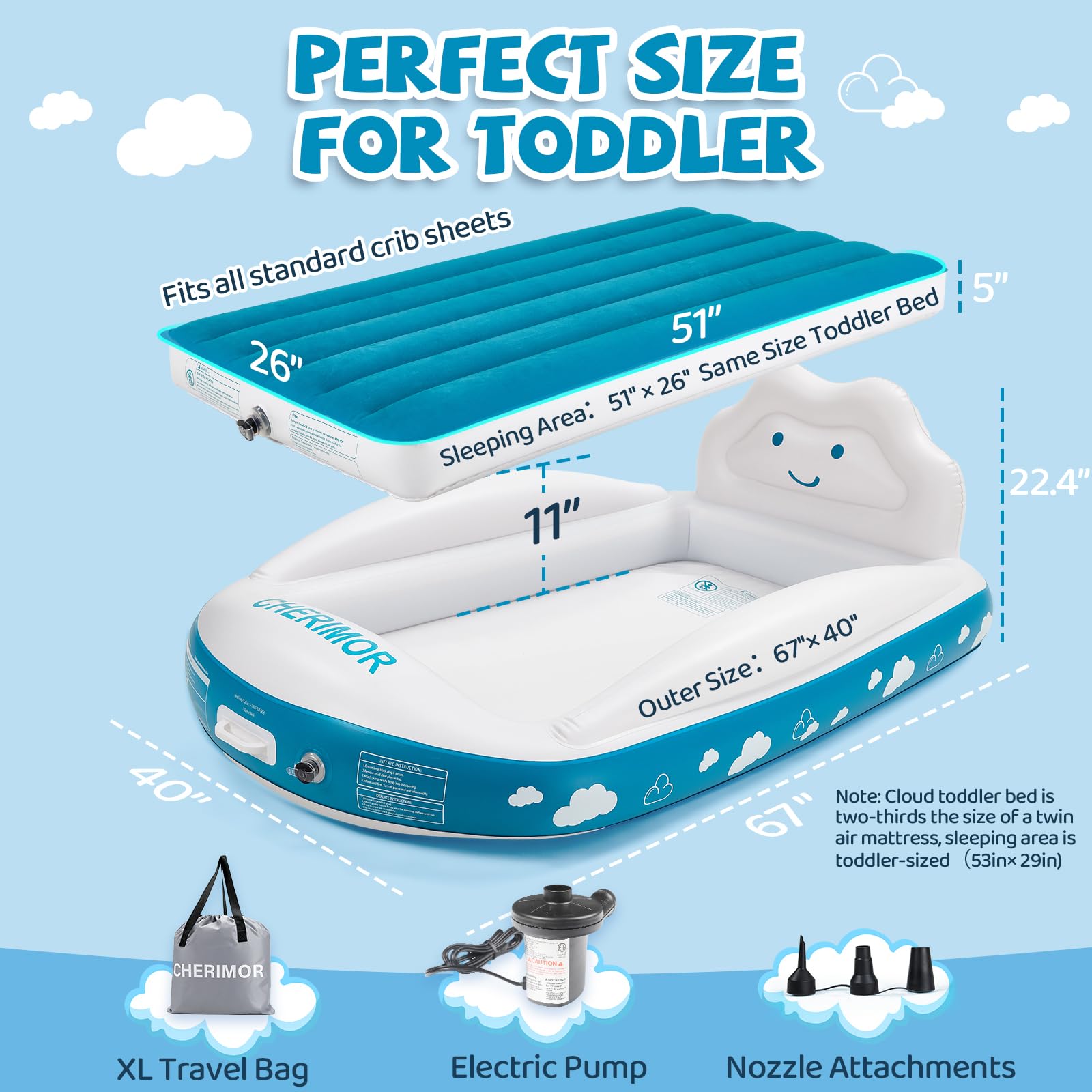 CHERIMOR Inflatable Toddler Bed with 4-sides safety bumpers for secure night sleep