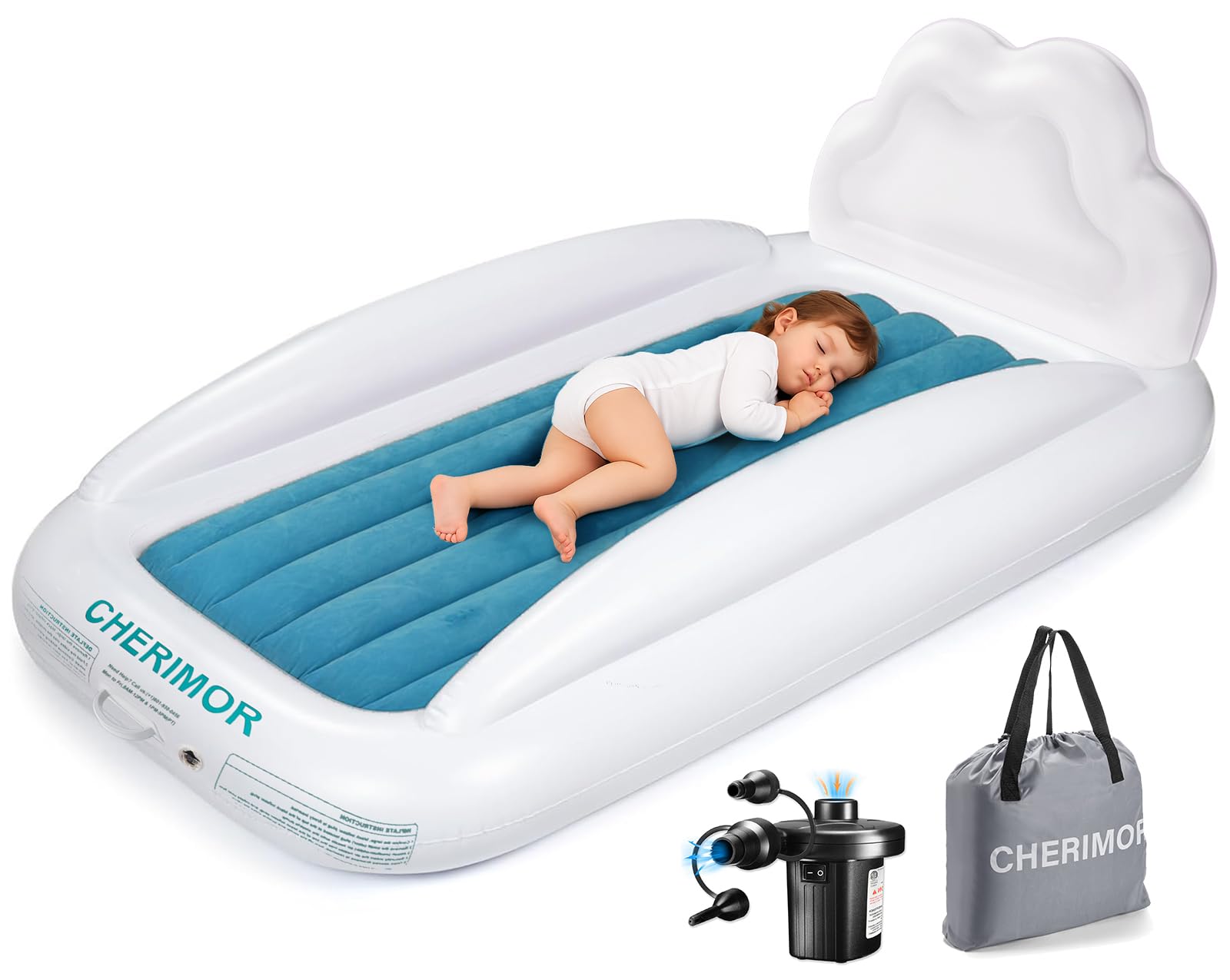 CHERIMOR Toddler Air Mattress with electric pump ready for quick setup on trips
