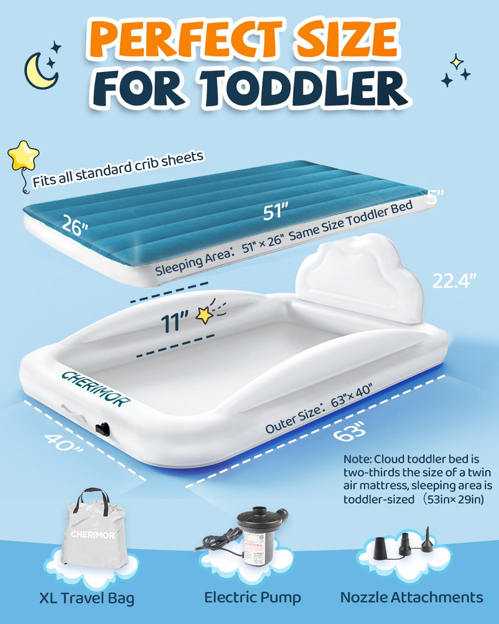 CHERIMOR Inflatable toddler bed supports quick transitions for bedtime routines