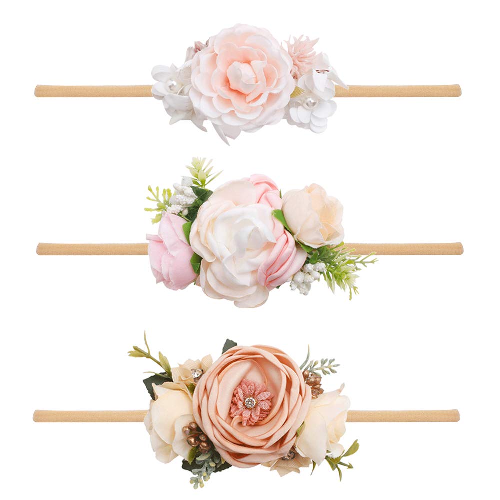 CHERRBOLL 3pc flower headbands for newborns, soft nylon and gentle on skin.
