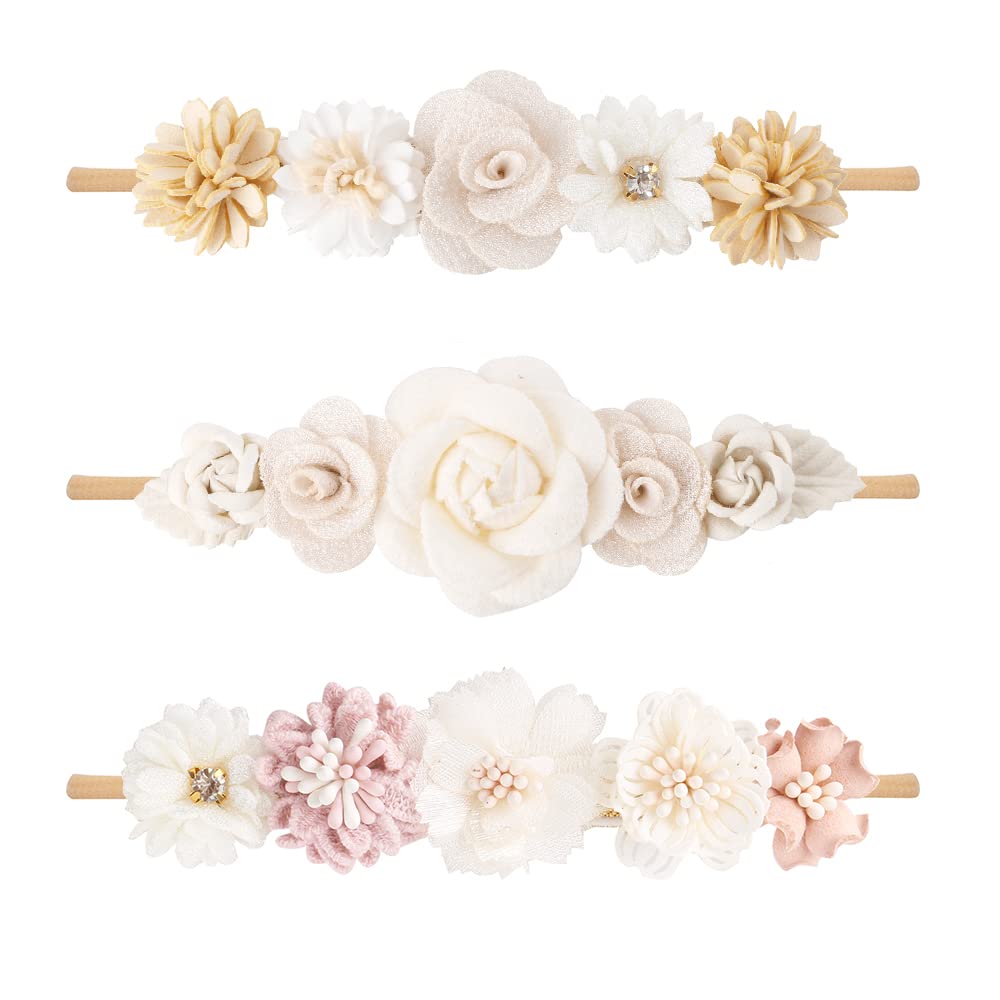 Cherrboll baby girl flower headbands closeup, soft nylon fabric for gentle wear.