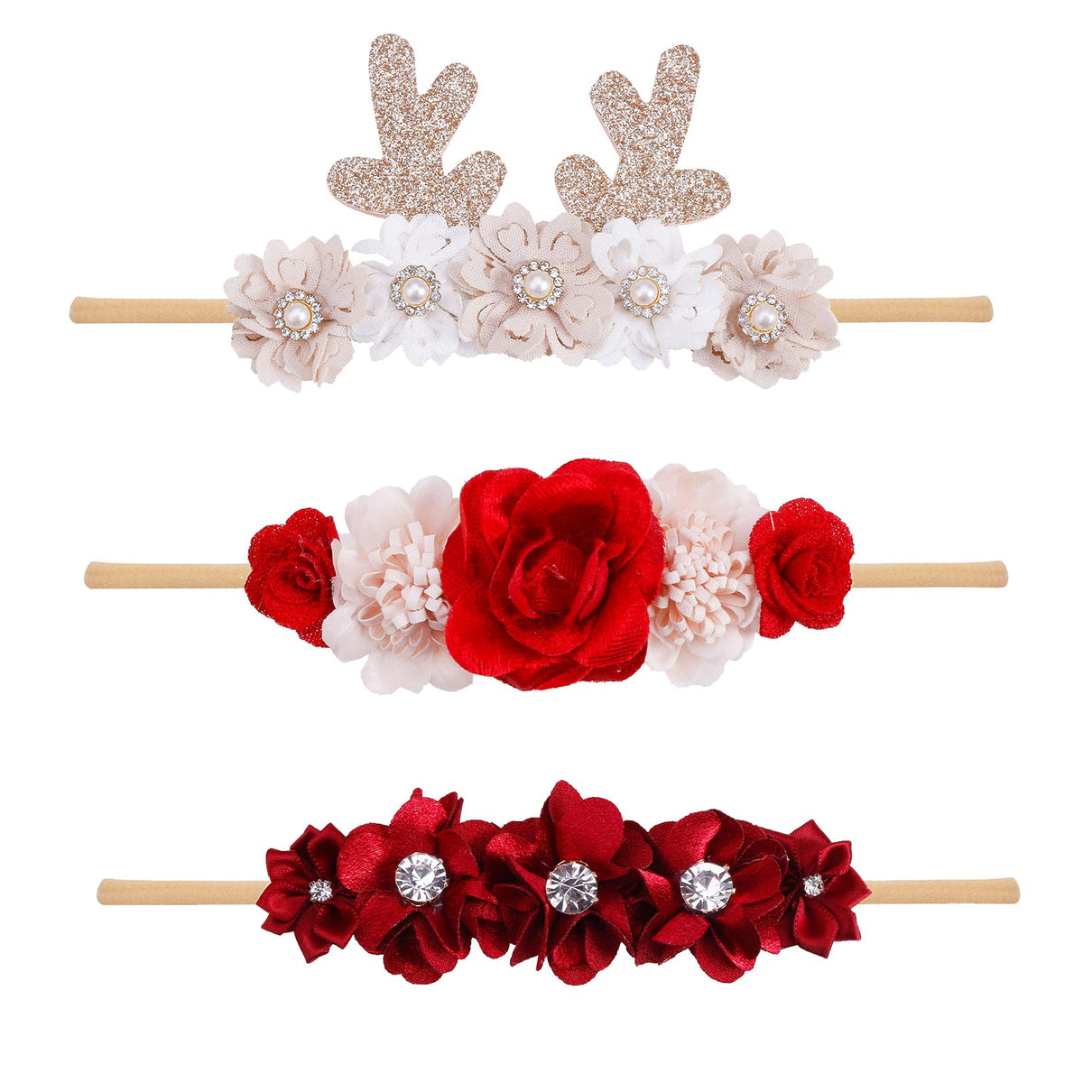 Cherrboll baby flower headband in red bloom, gentle nylon for sensitive skin.