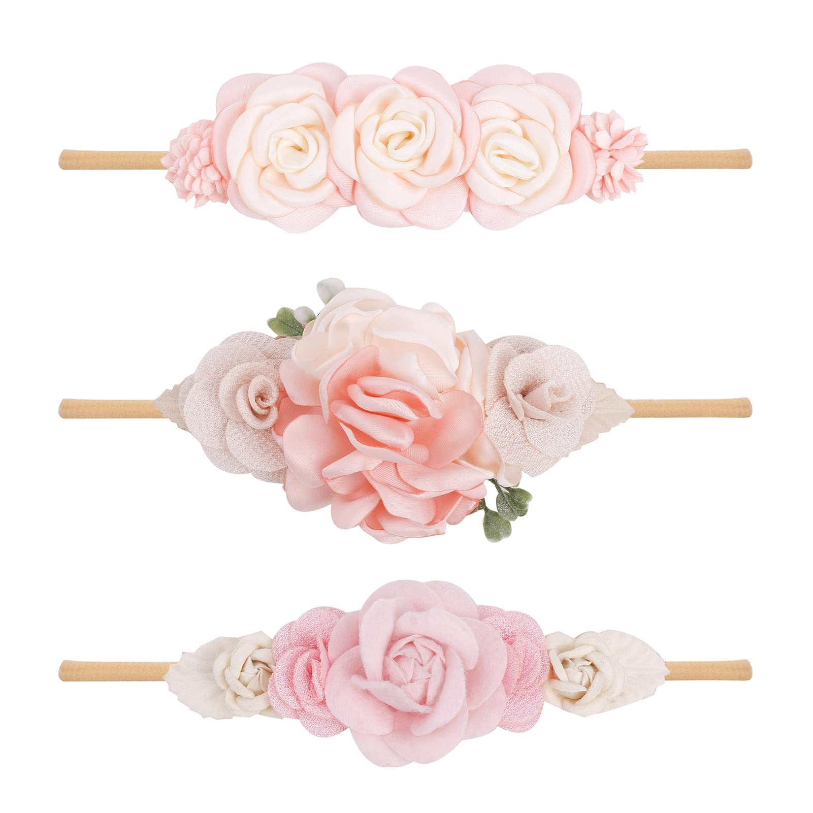 Cherrboll flower headbands set in soft nylon for newborns and toddlers.