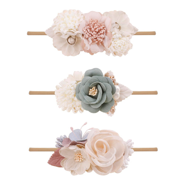Cherrboll 3pc flower headbands set provides versatile colors for baby outfits.