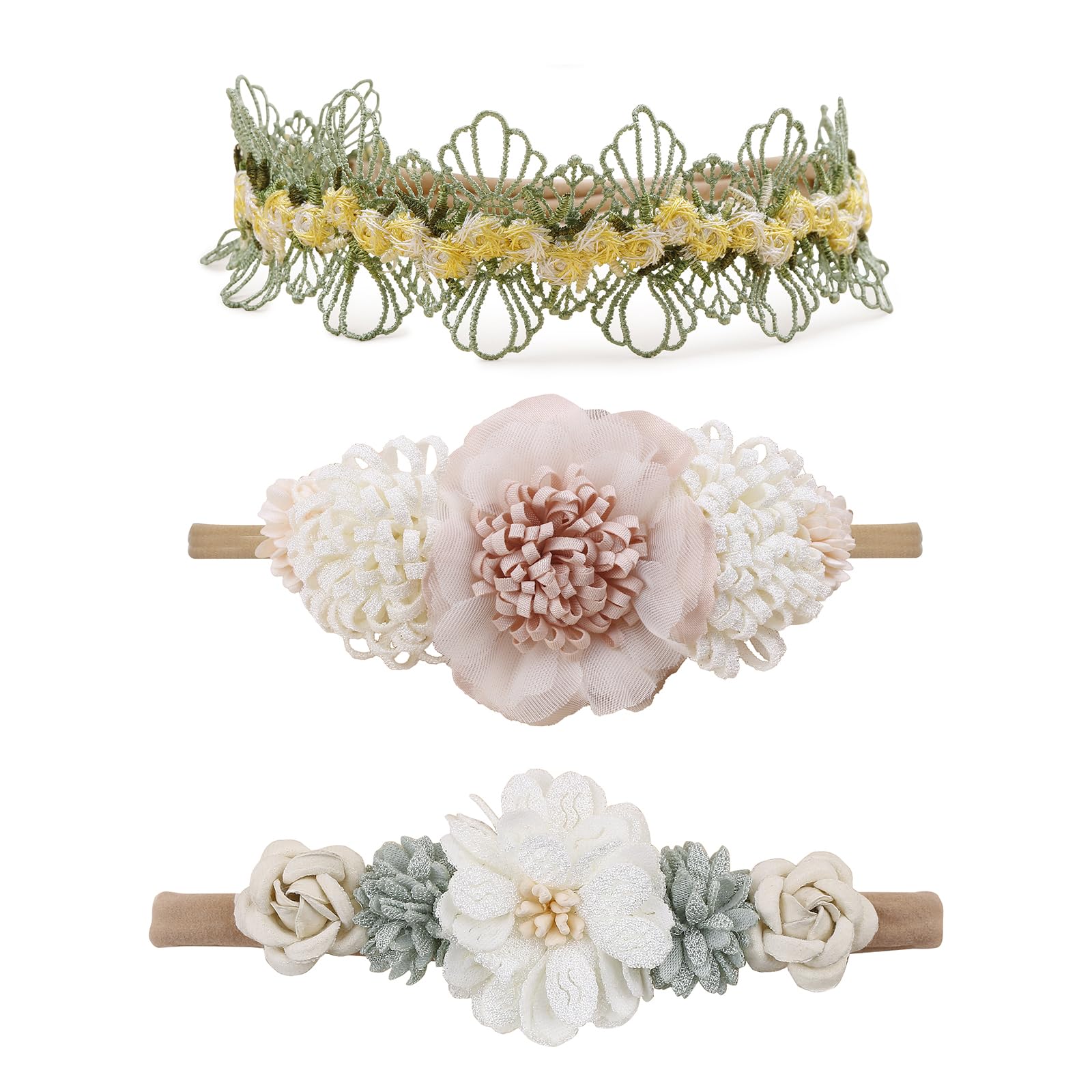 Cherrboll flower headbands in soft nylon for gentle baby wear.