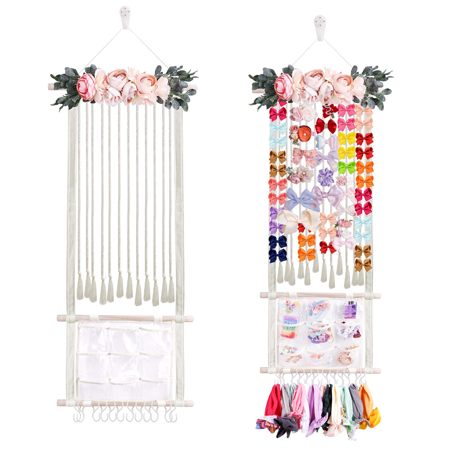 Cherrboll macrame hair bow holder on wall keeps bows neatly accessible.