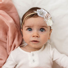 Toddler wearing Cherrboll headband with elastic stretch for growing comfort.
