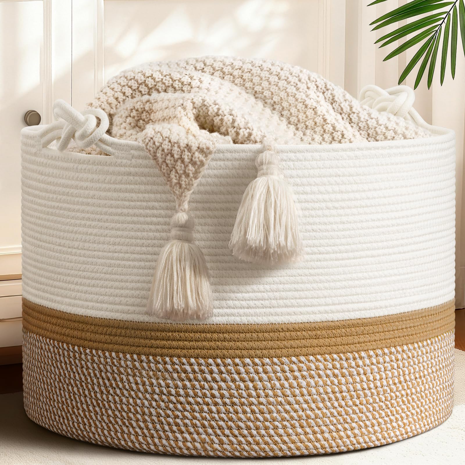 CherryNow blanket basket 22x22x14 in white and camel neatly organizes blankets.