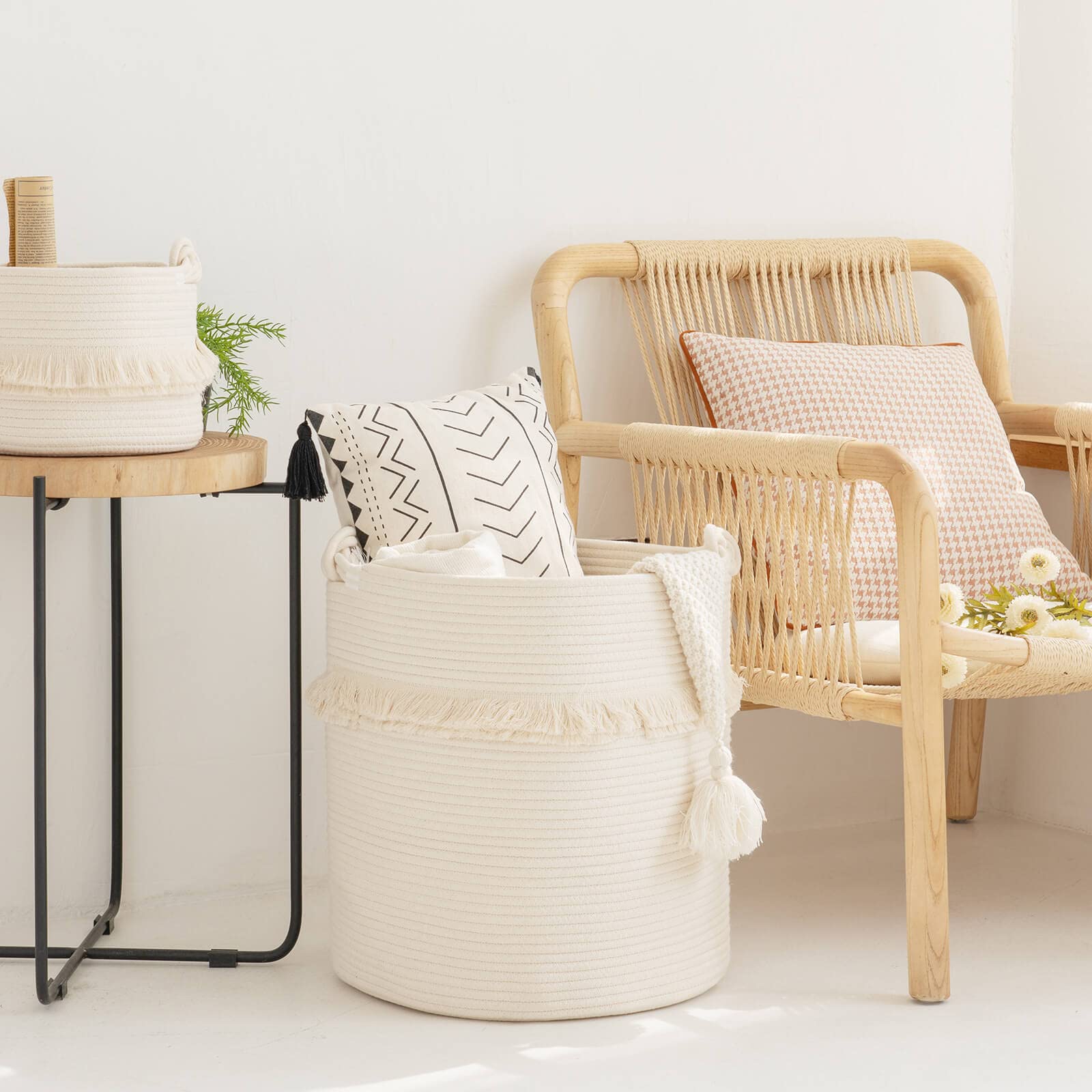 CherryNow extra large rope basket, side view, sturdy storage for living spaces.