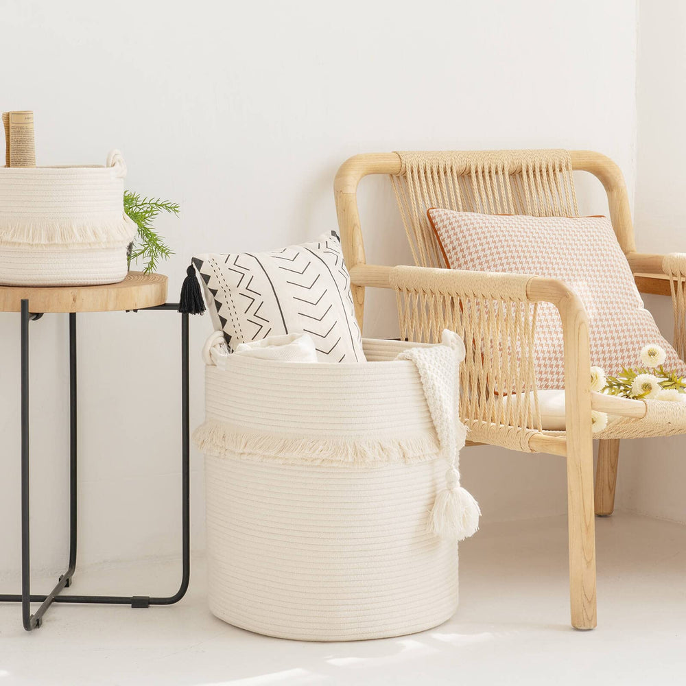 CherryNow extra large rope basket, side view, sturdy storage for living spaces.