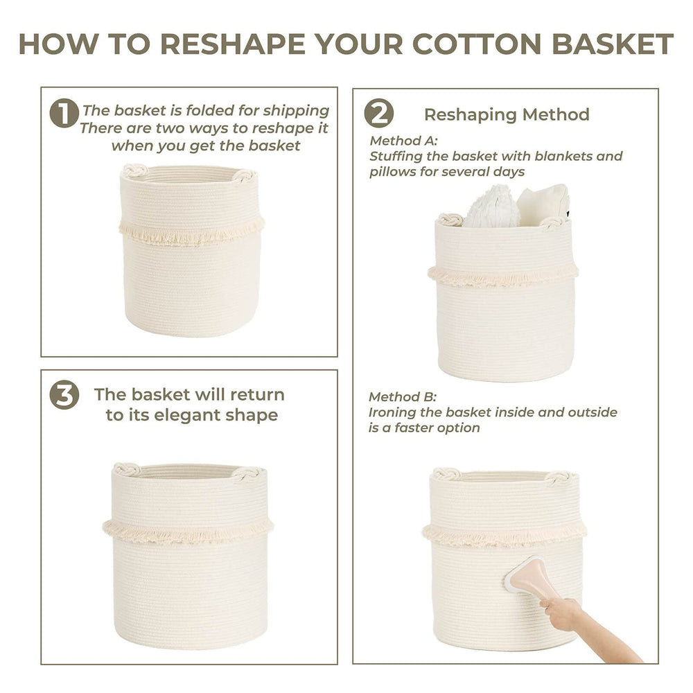 CherryNow off-white rope basket in living room setting for organizers.