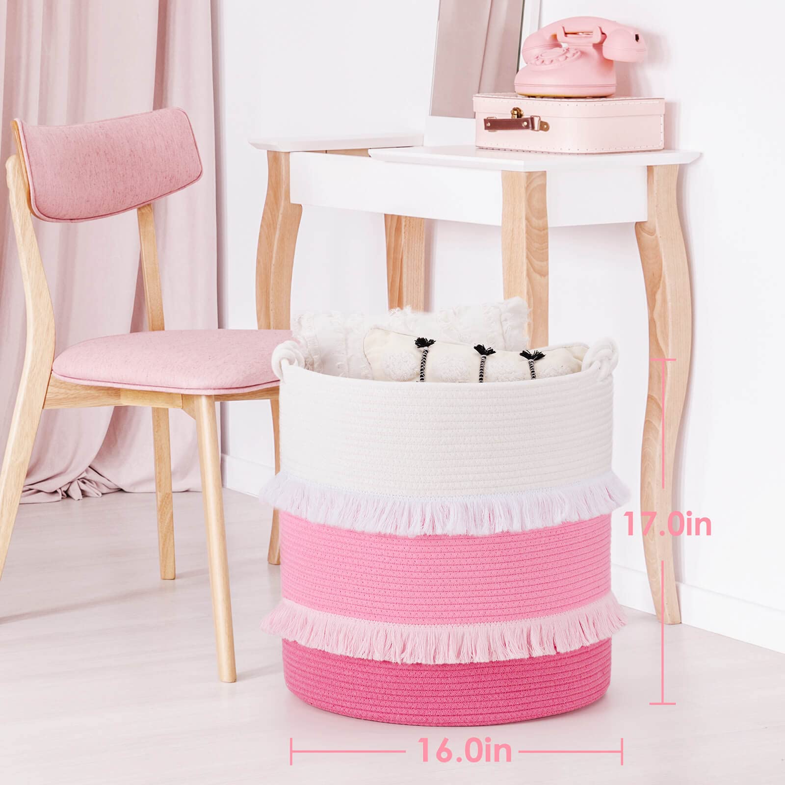 CherryNow tassel-design pink basket close-up showing playful nursery décor.