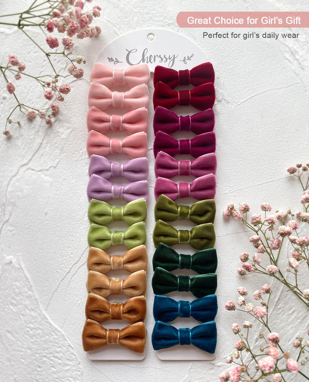 Cherssy velvet baby bow in tan camel coordinates with neutral wardrobes and durable elastic.