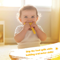 Yellow Chewy Tubes small diameter aids early bite exploration.