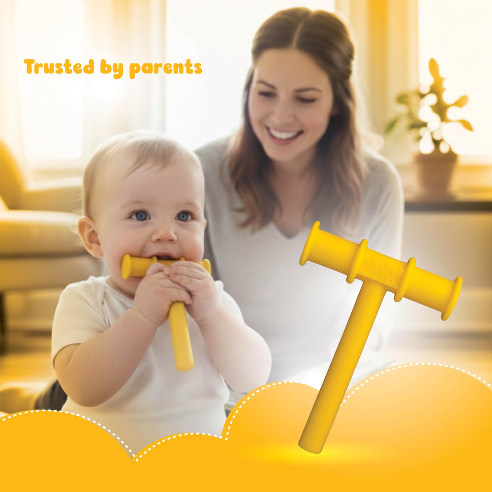 Chewy Tubes yellow therapy surface close-up, non-food chew option.