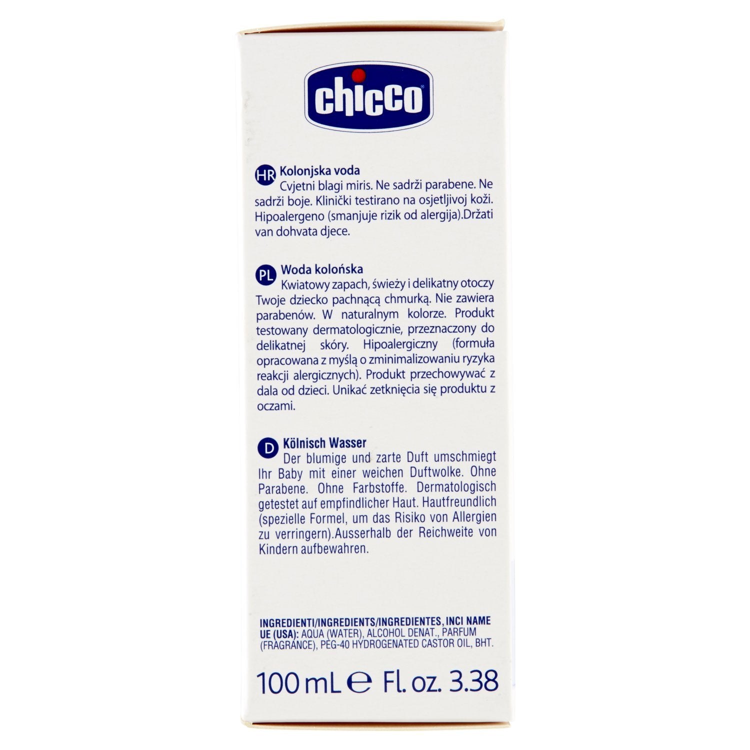 Chicco Baby Moments bottle back label, scent notes for daily use.