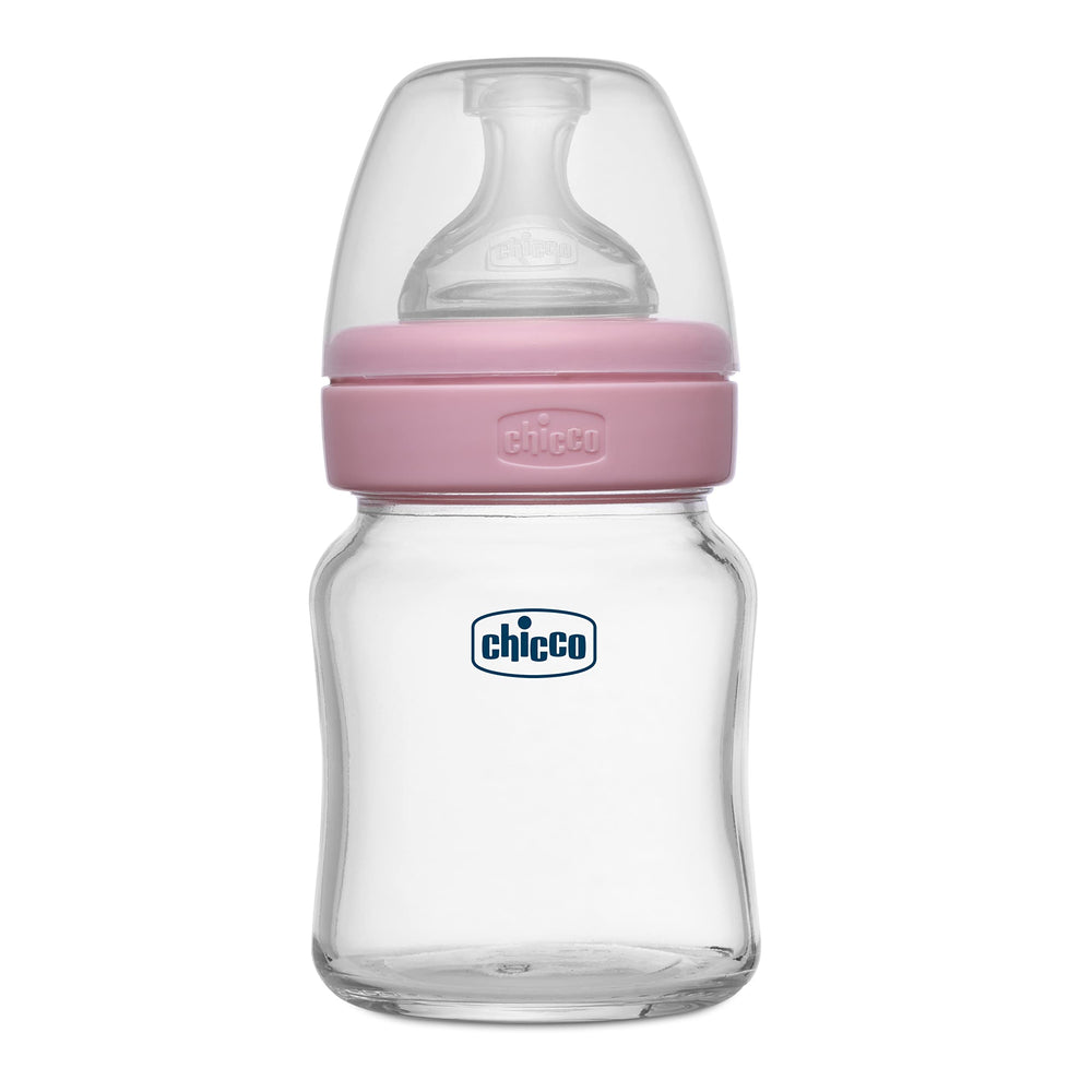 Chicco Well-Being glass bottle 120ml with cap for neat, spill-free feeding.