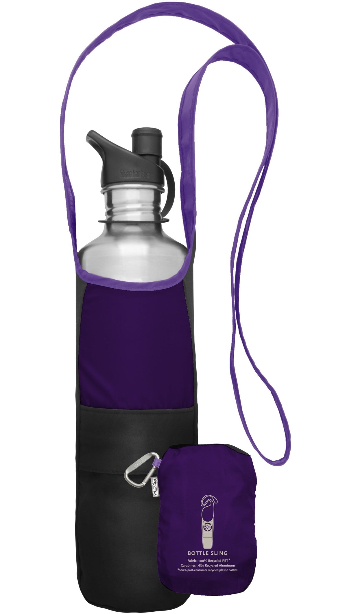 ChicoBag Bottle Sling rePETe Amethyst folded neatly in built-in pouch for compact storage