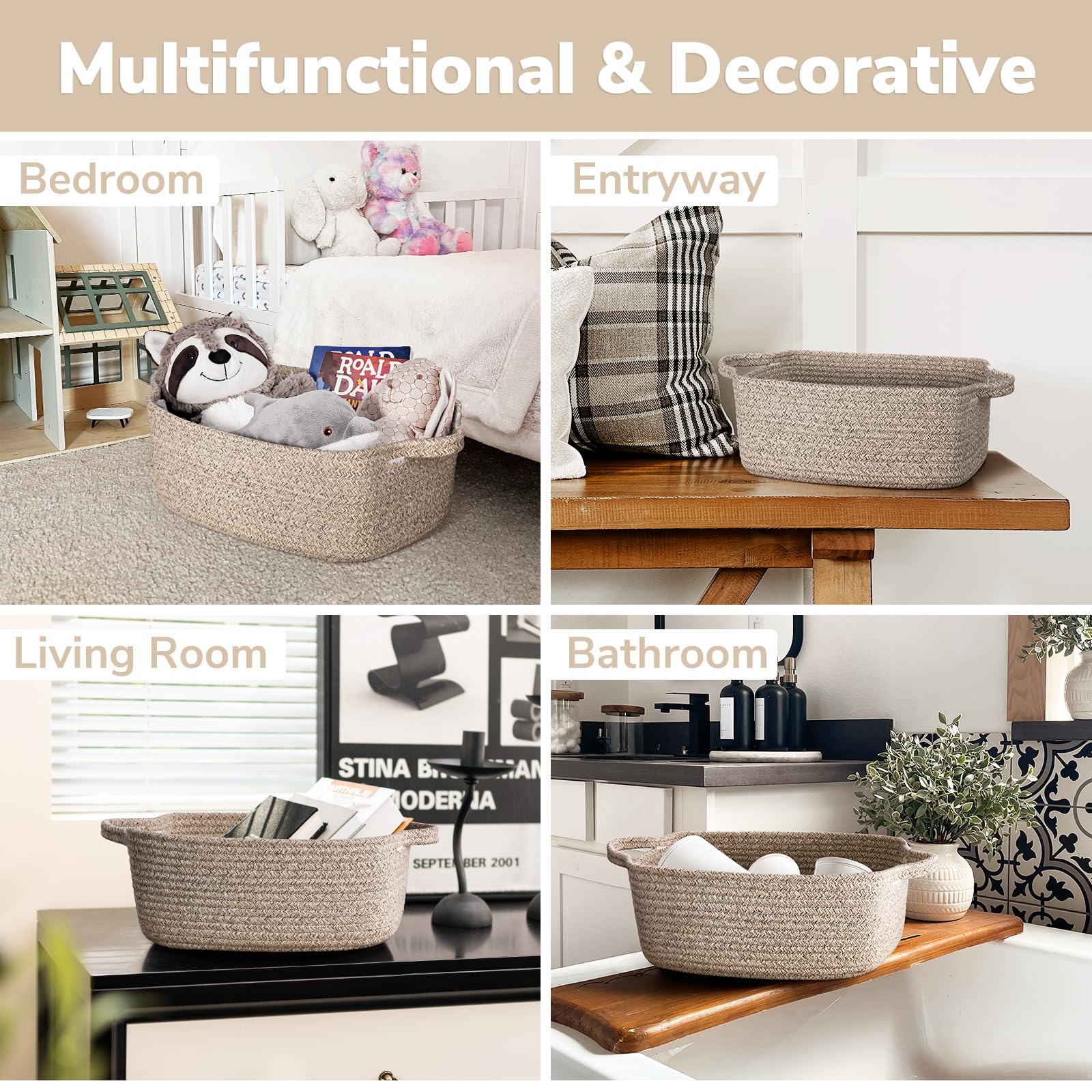 CHICVITA bedroom dressing space organizer basket neatly holds books and accessories.