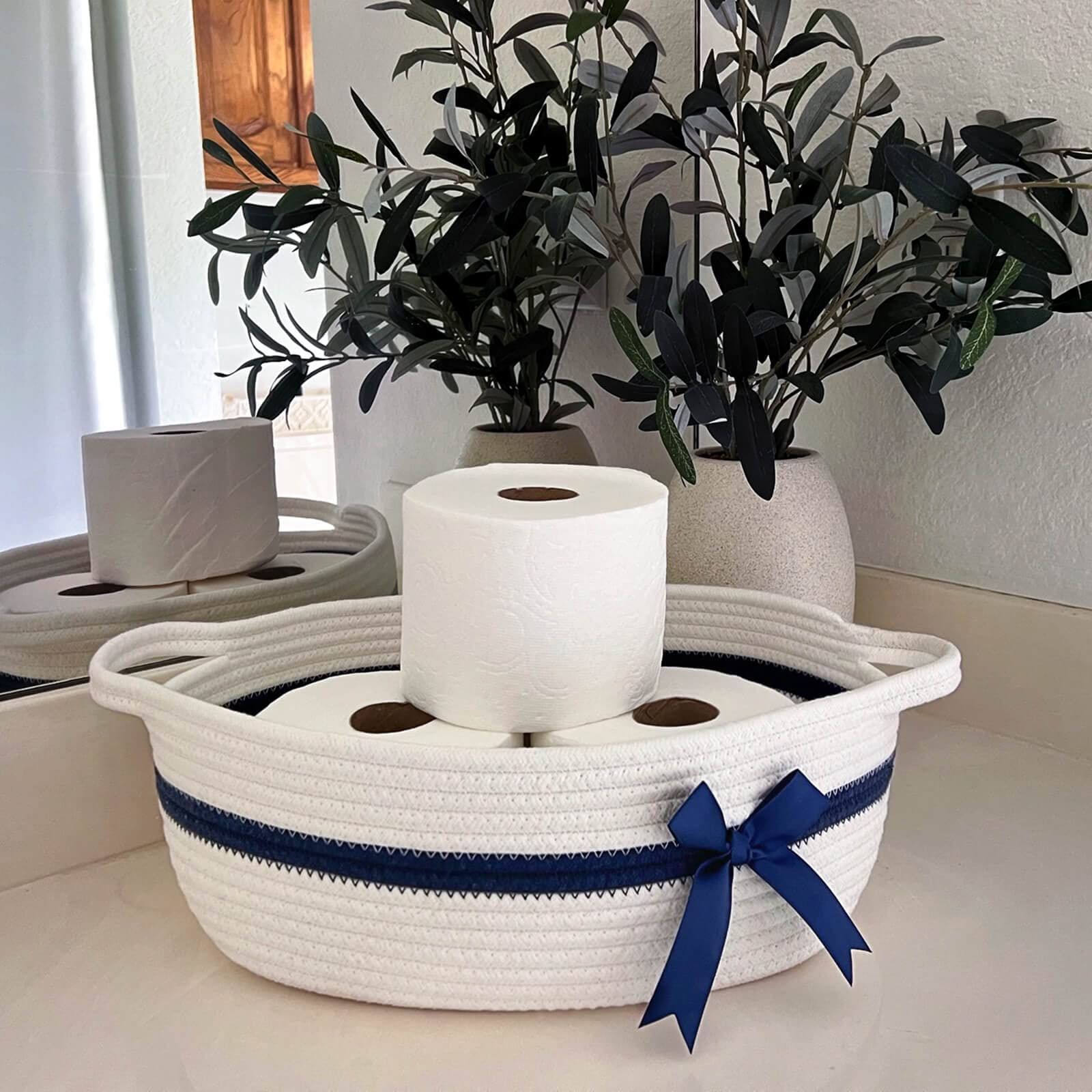 CHICVITA white storage basket with blue silk bow accents