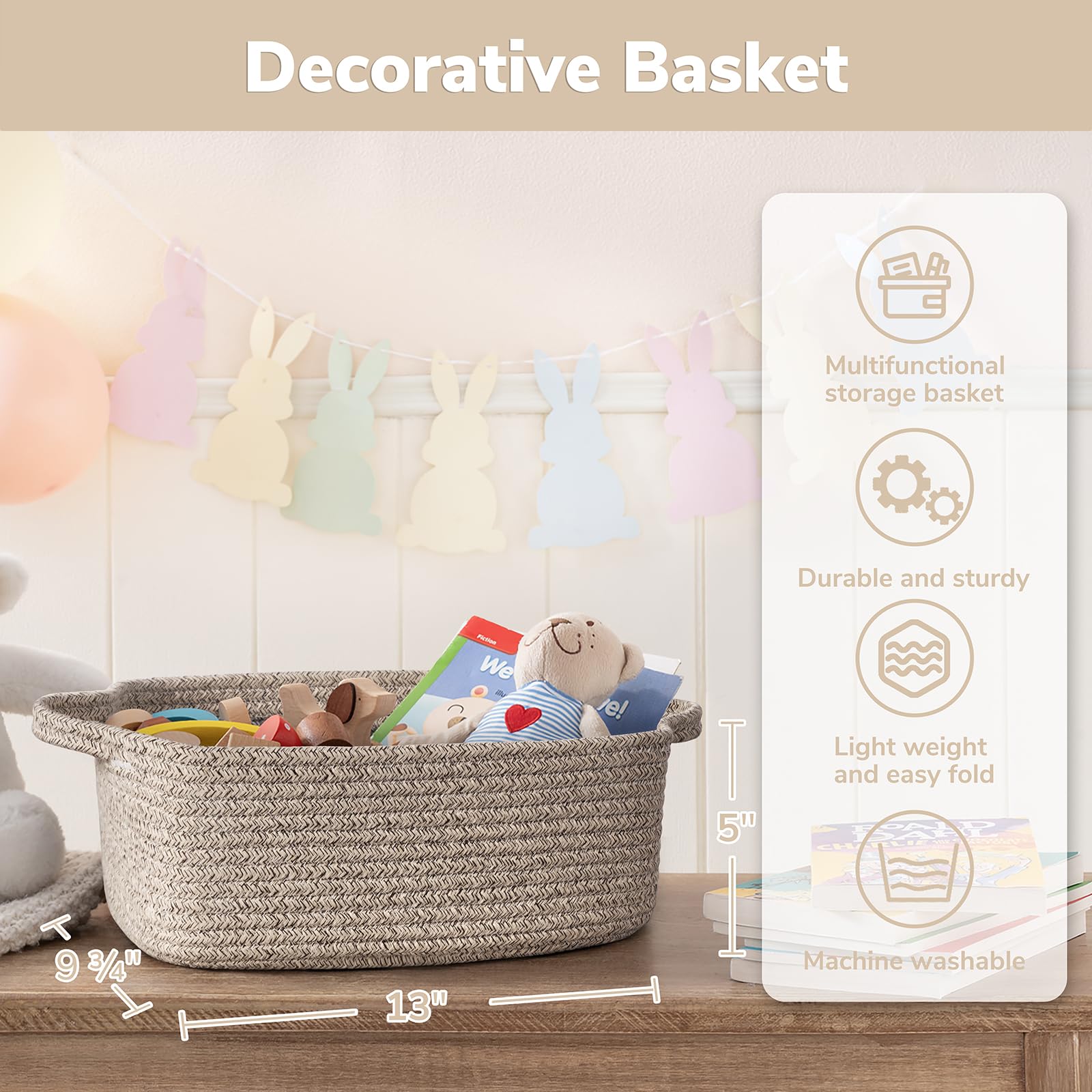 CHICVITA machine-washable cotton rope basket for easy cleaning.