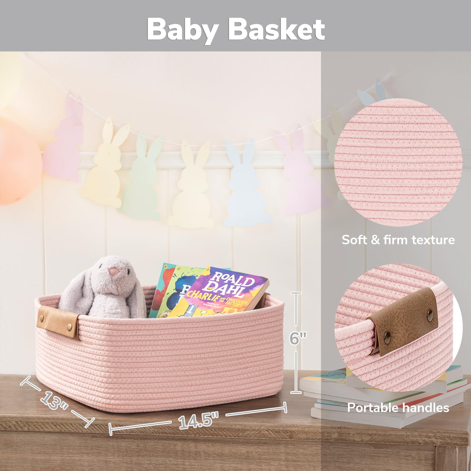 CHICVITA pink storage basket in bathroom or nursery for diapers and towels