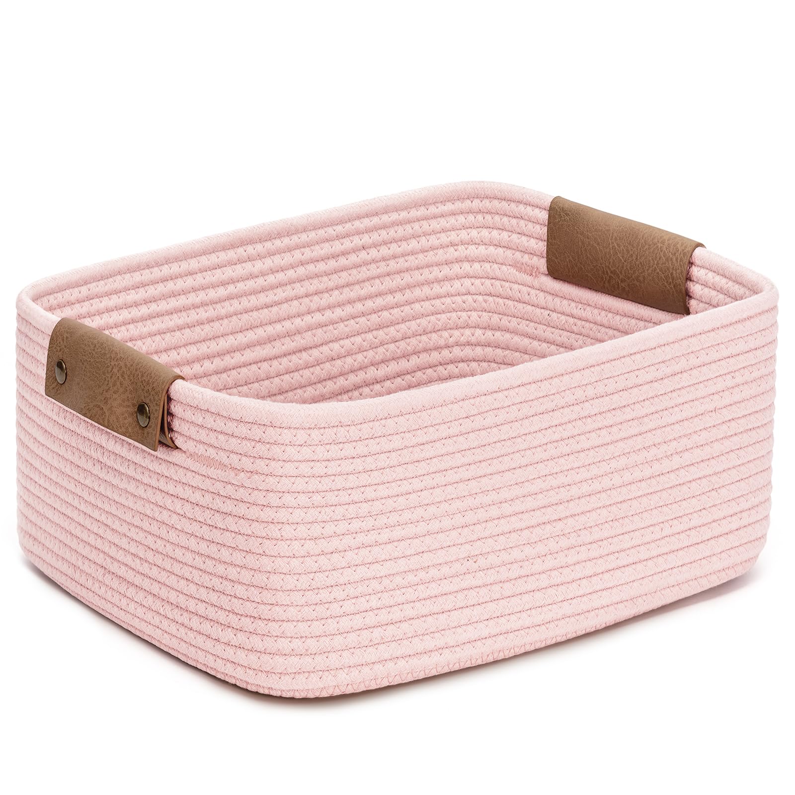 CHICVITA pink storage basket with leather handles for easy carrying and stylish organization