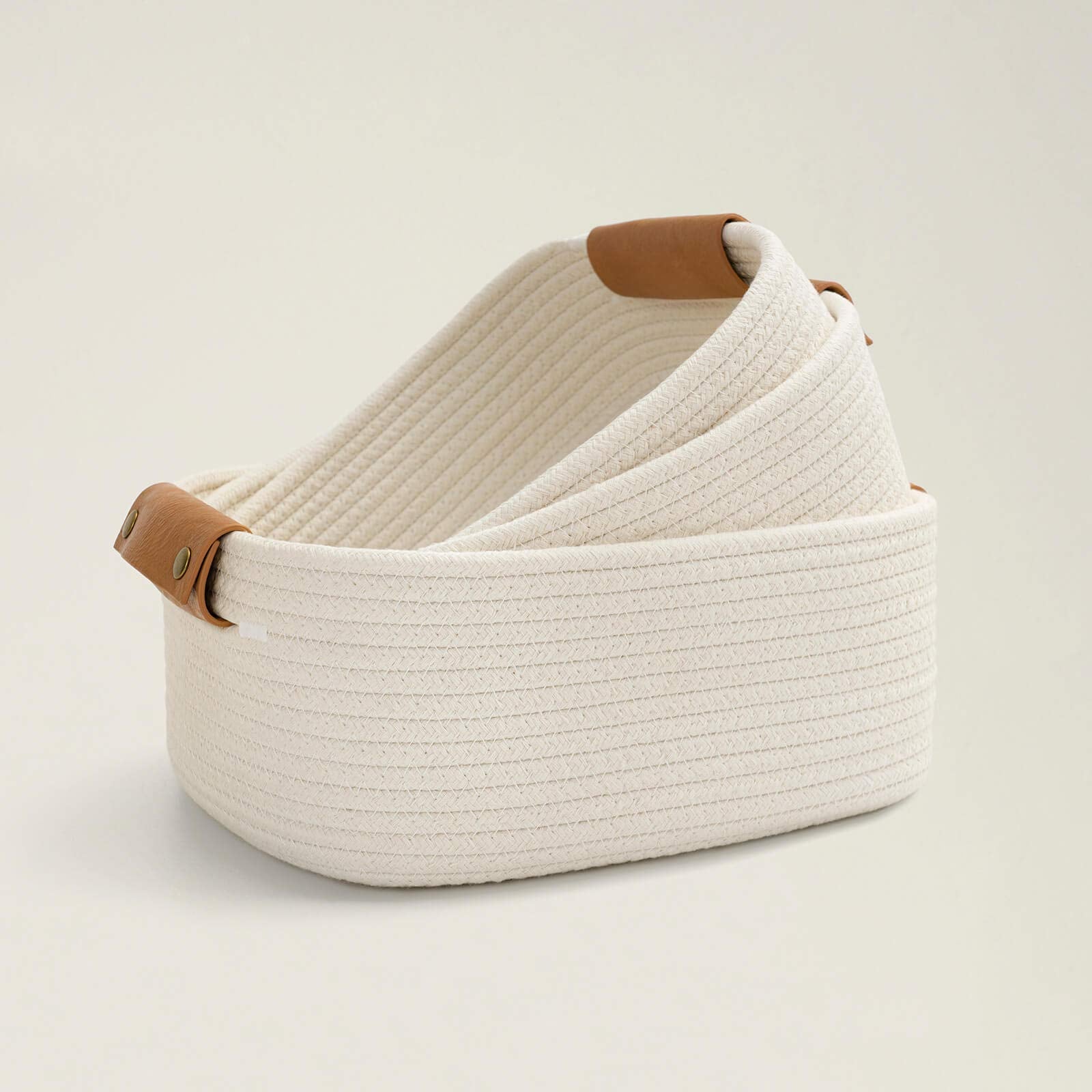 CHICVITA rectangle basket beige with leather handles—ideal for living room organization.