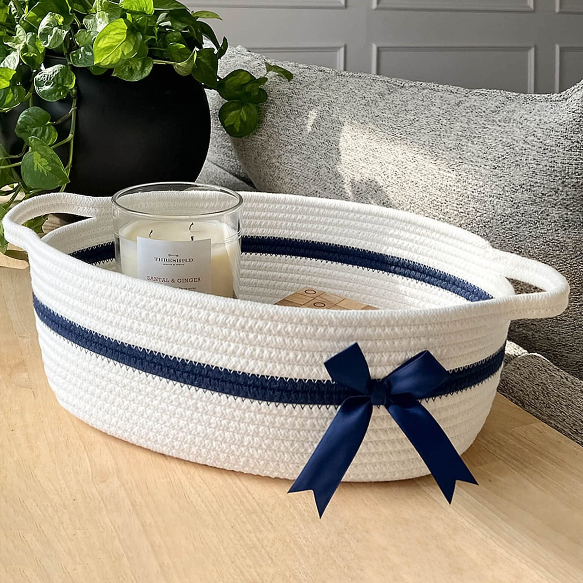 CHICVITA white gift basket with blue bow for nursery organization