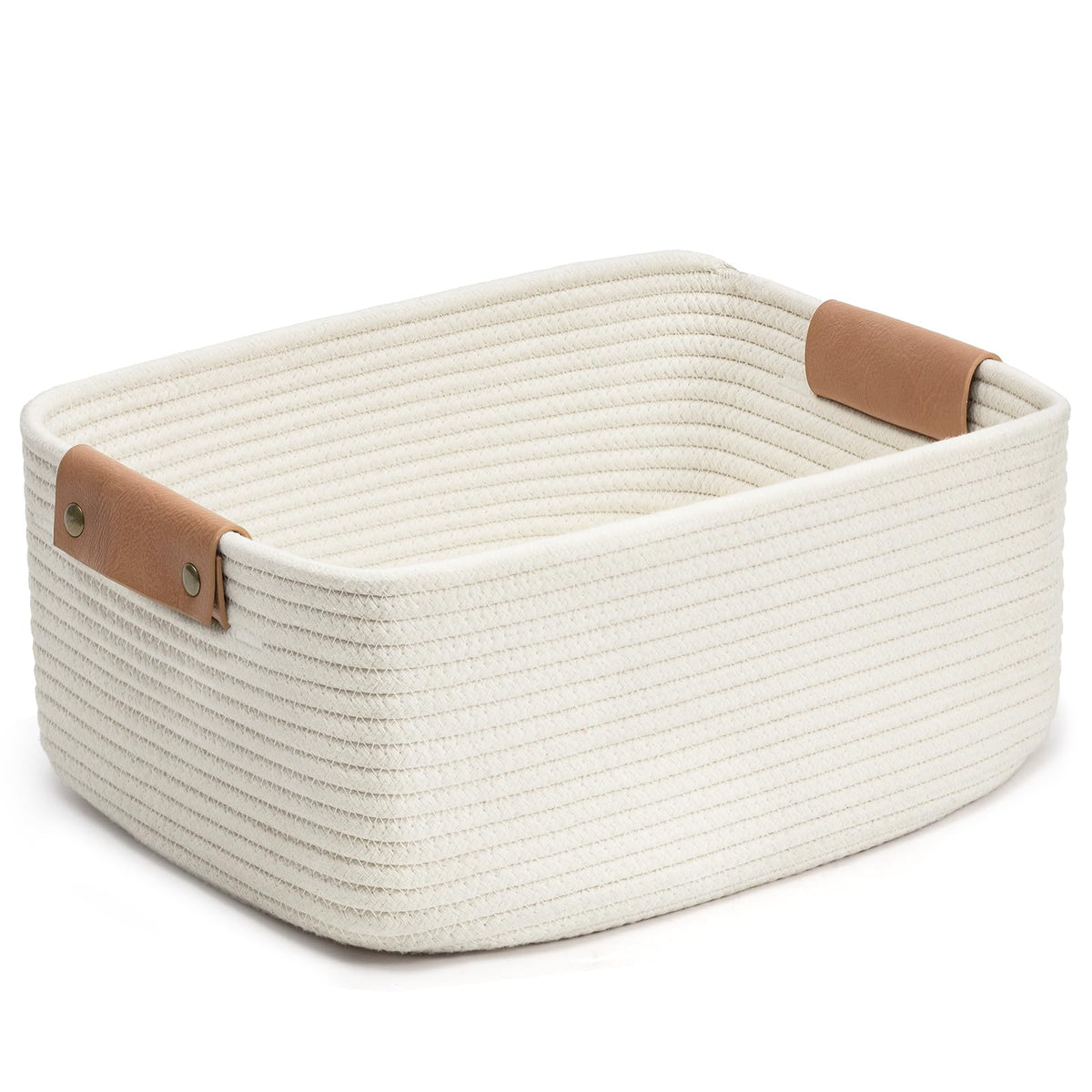 CHICVITA white woven basket with leather handles ideal for toy storage in the living room