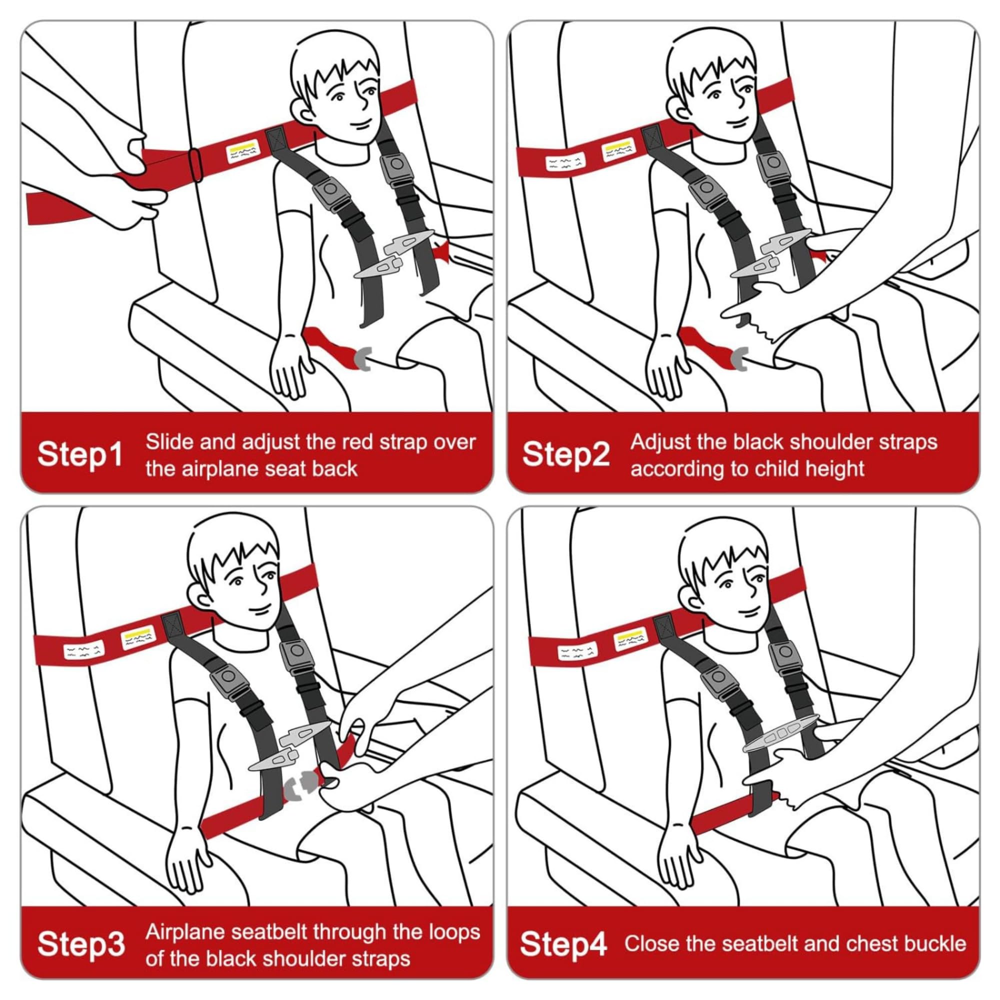 Child Airplane Travel Harness adjustable straps fit most seats and ages.