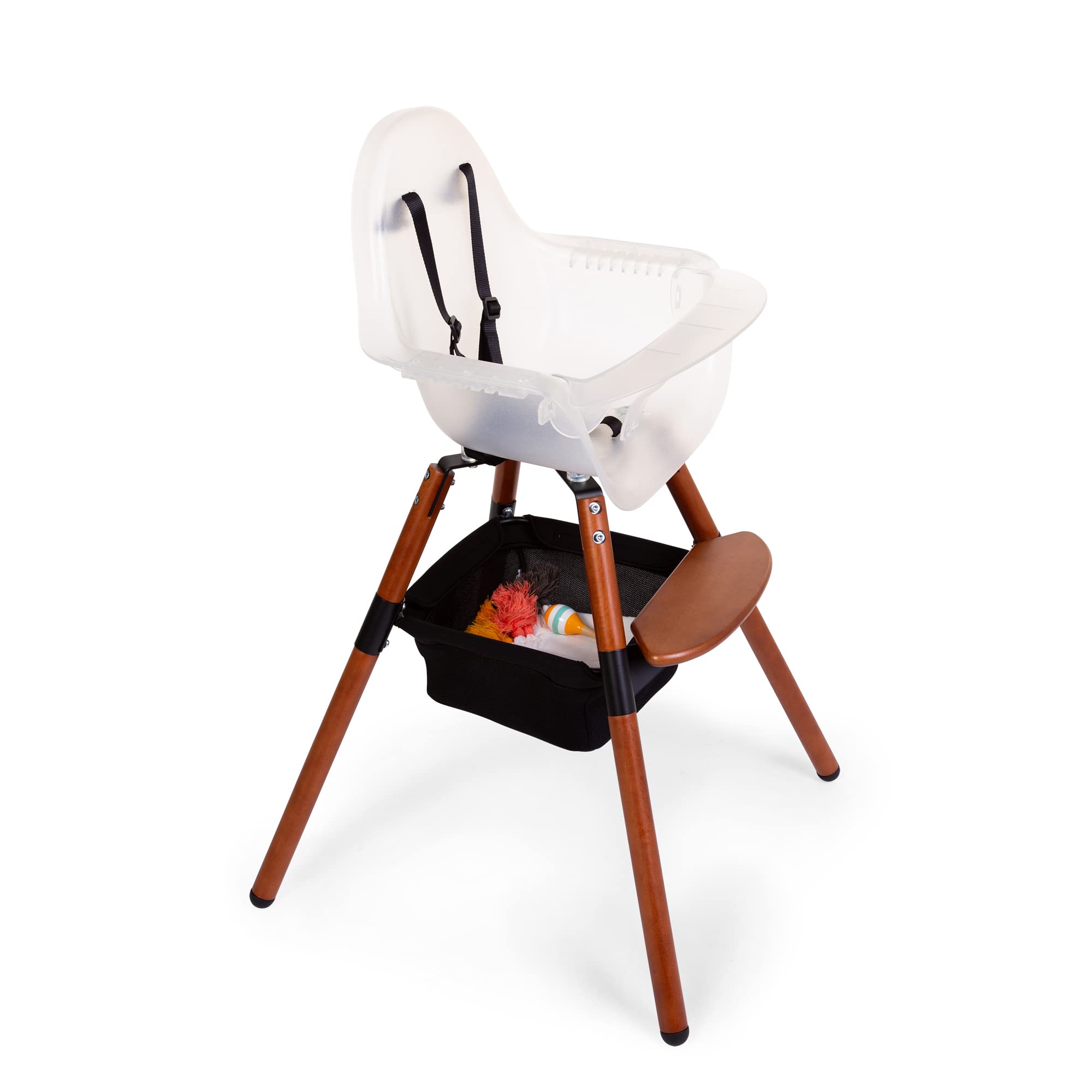 In-use storage keeps bibs and small toys within reach during playtime.