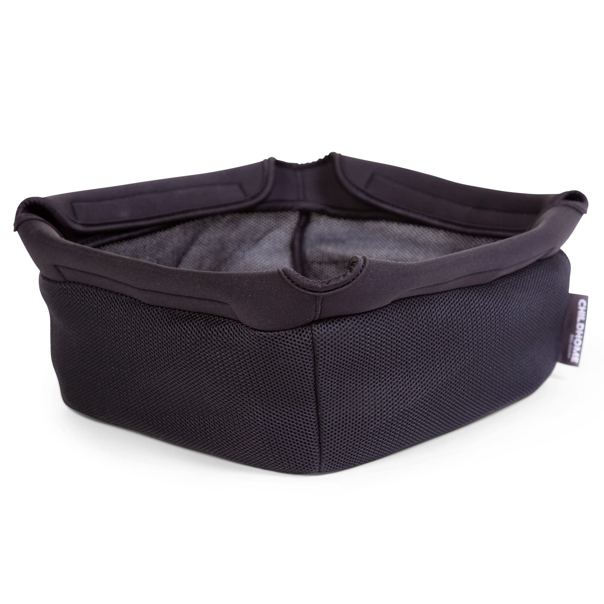Childhome Evolu One 80 storage basket under the seat for easy reach of bibs and toys.