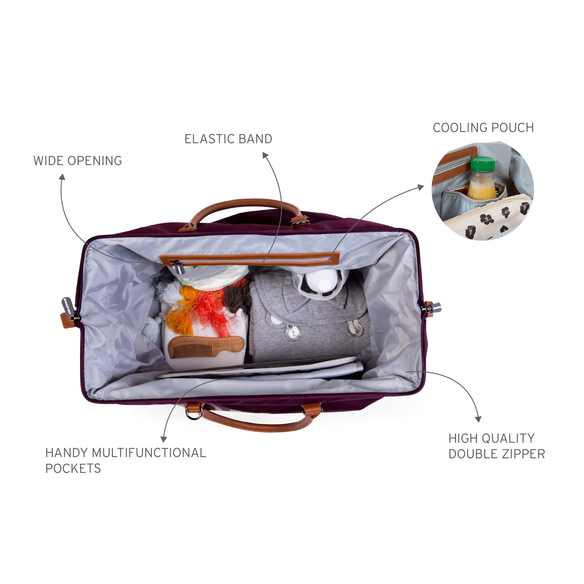 Childhome Mommy Diaper Bag water-repellent exterior protects contents in rain.