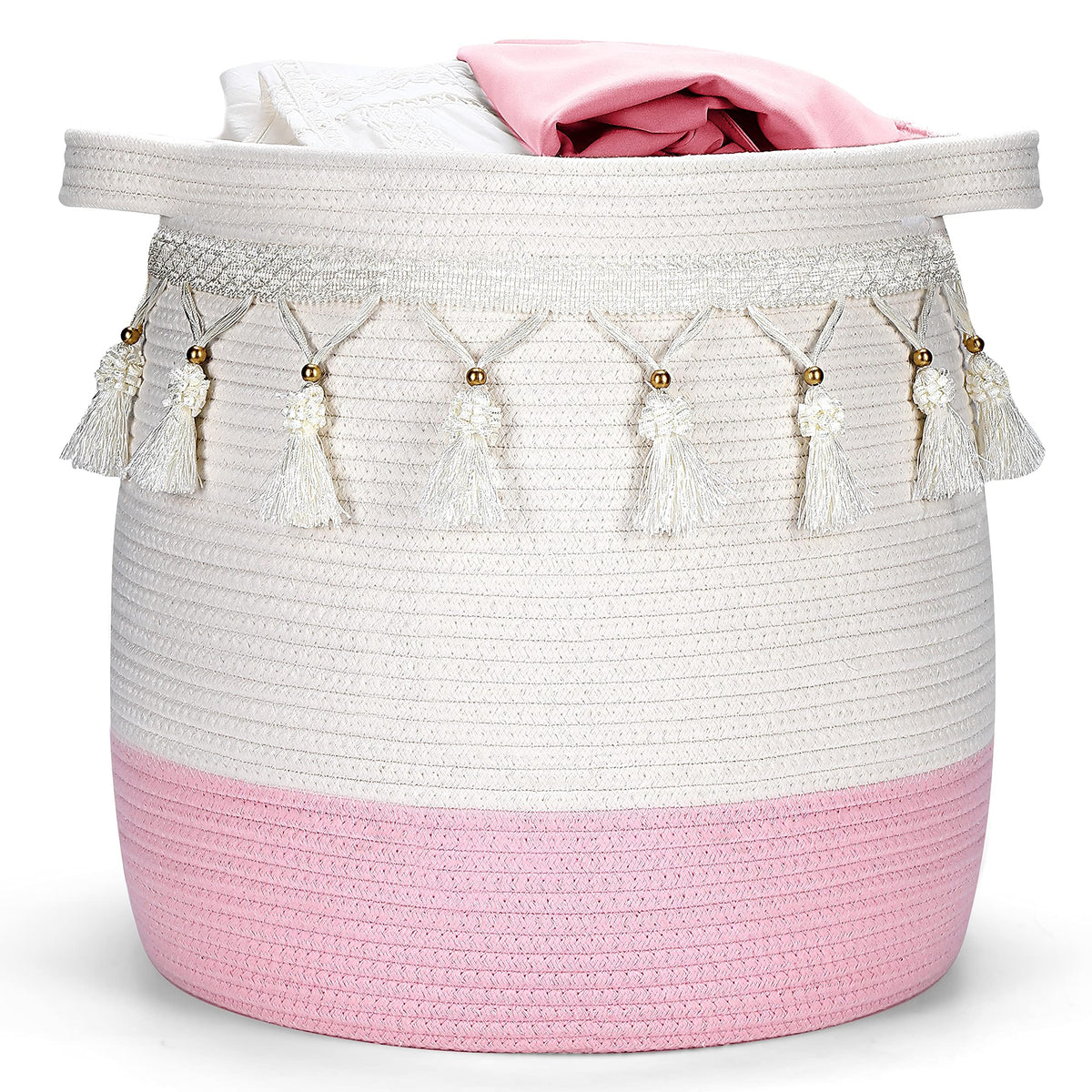 childishness ndup cotton rope basket front view showing sturdy handles and natural texture for easy carrying