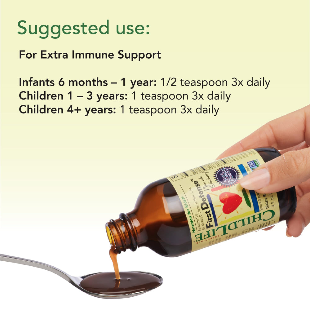CHILDLIFE ESSENTIALS First Defense gluten-free and non-GMO seal visible on packaging