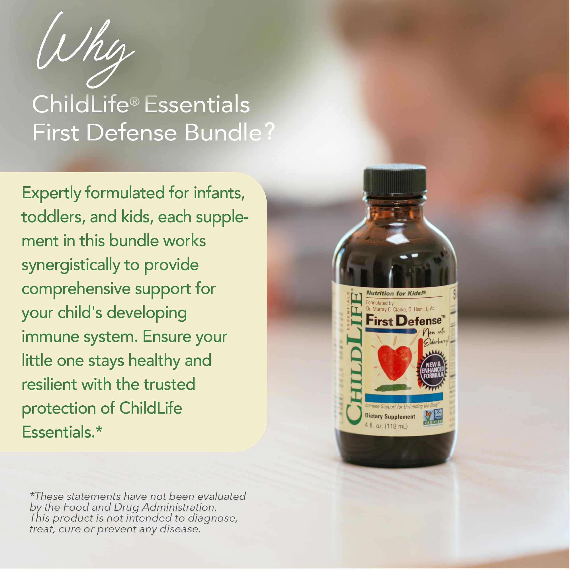 ChildLife Essentials First Defense bottle highlighting elderberry-enhanced immune support for teens and kids.