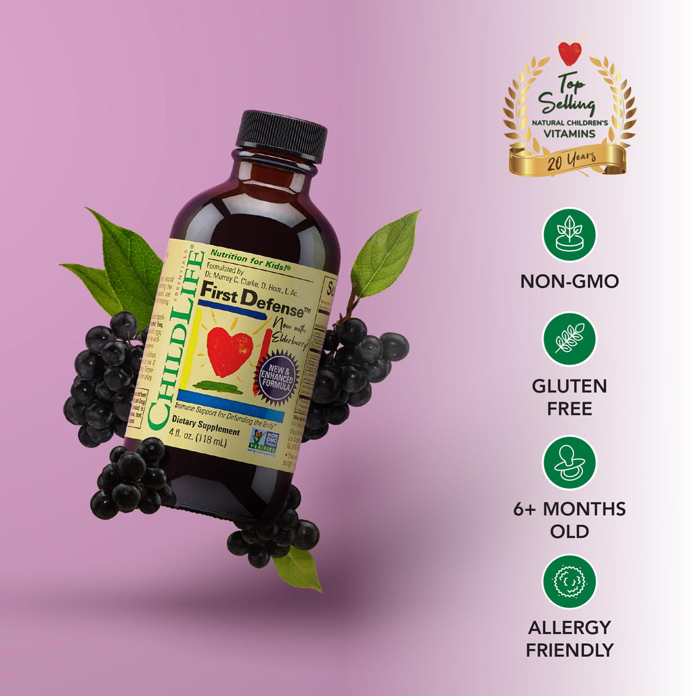 CHILDLIFE ESSENTIALS First Defense elderberry ingredient label emphasizes antioxidant-rich formula
