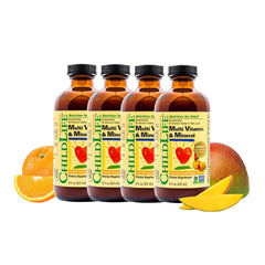 CHILDLIFE ESSENTIALS Kids Multivitamin bottle front displaying natural orange and mango flavor.