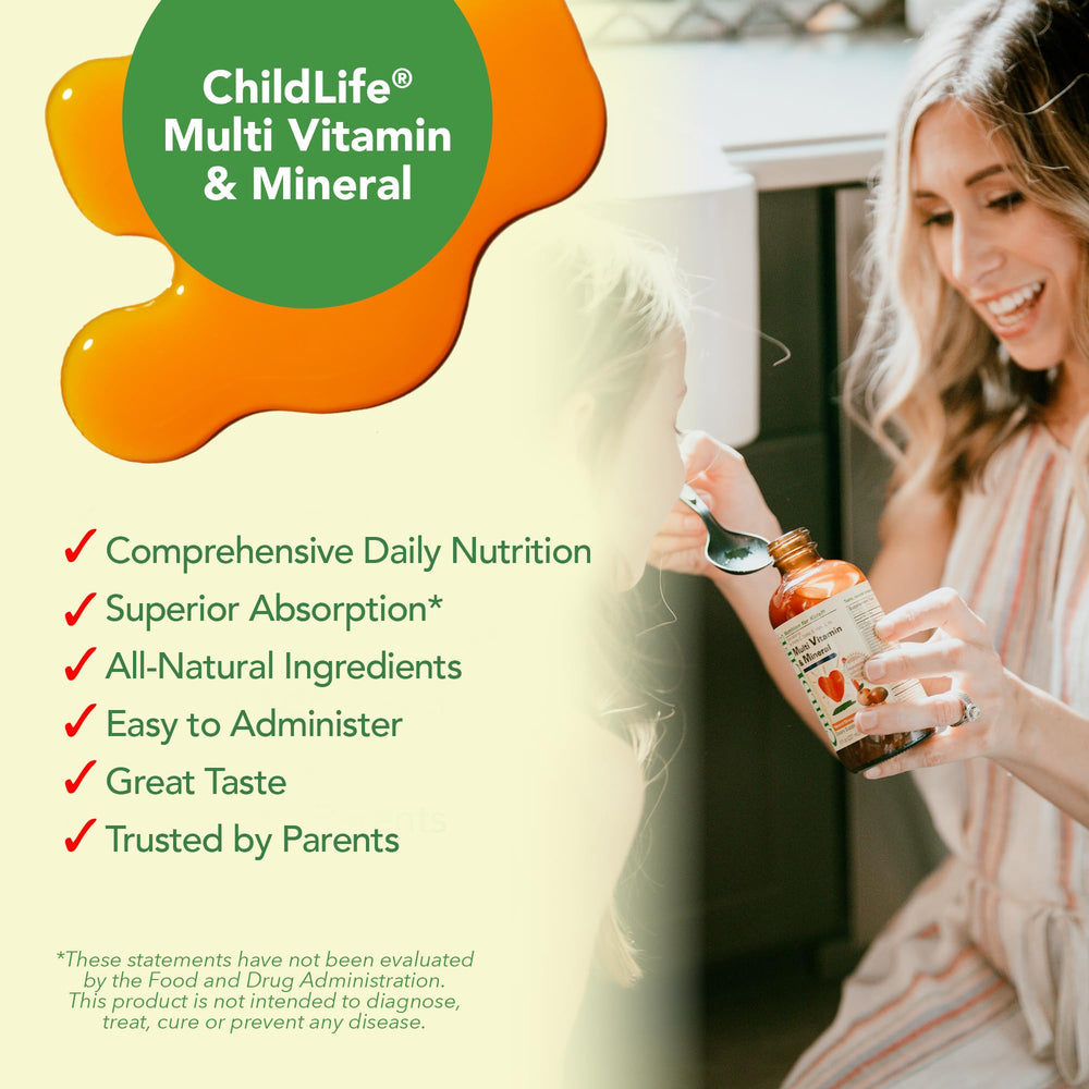 Pourable CHILDLIFE ESSENTIALS bottle shown with dropper for simple dosing.
