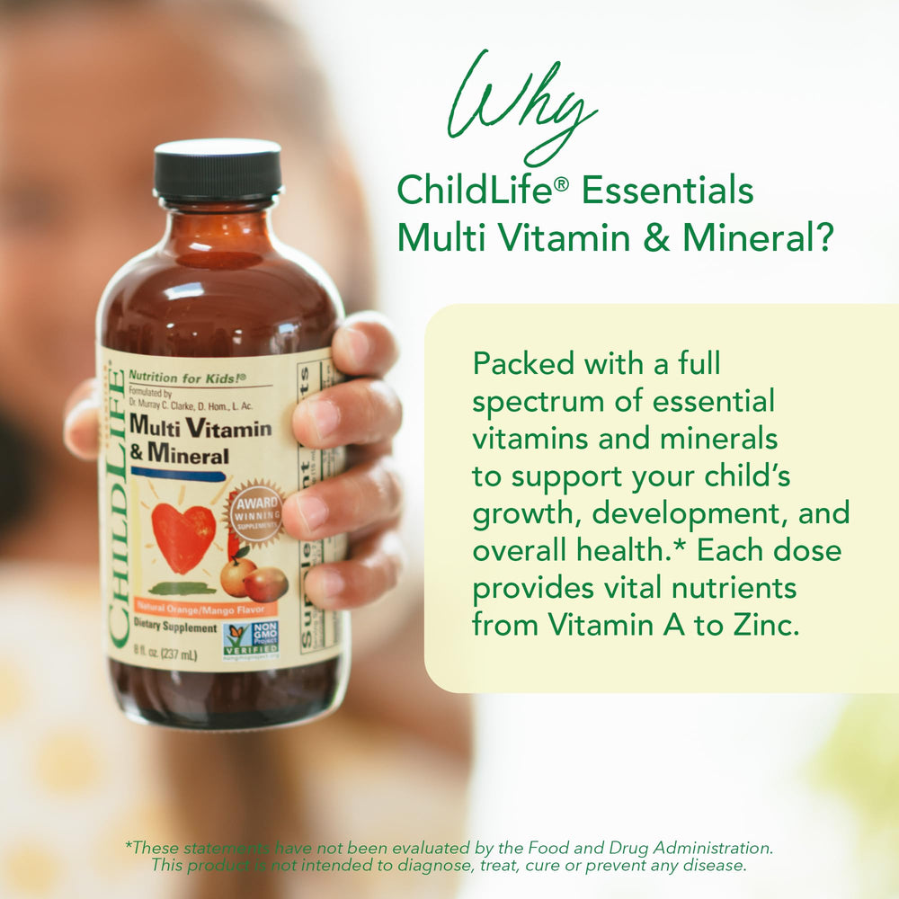 CHILDLIFE ESSENTIALS dosing spoon demonstrates infant to child dosage guidance.