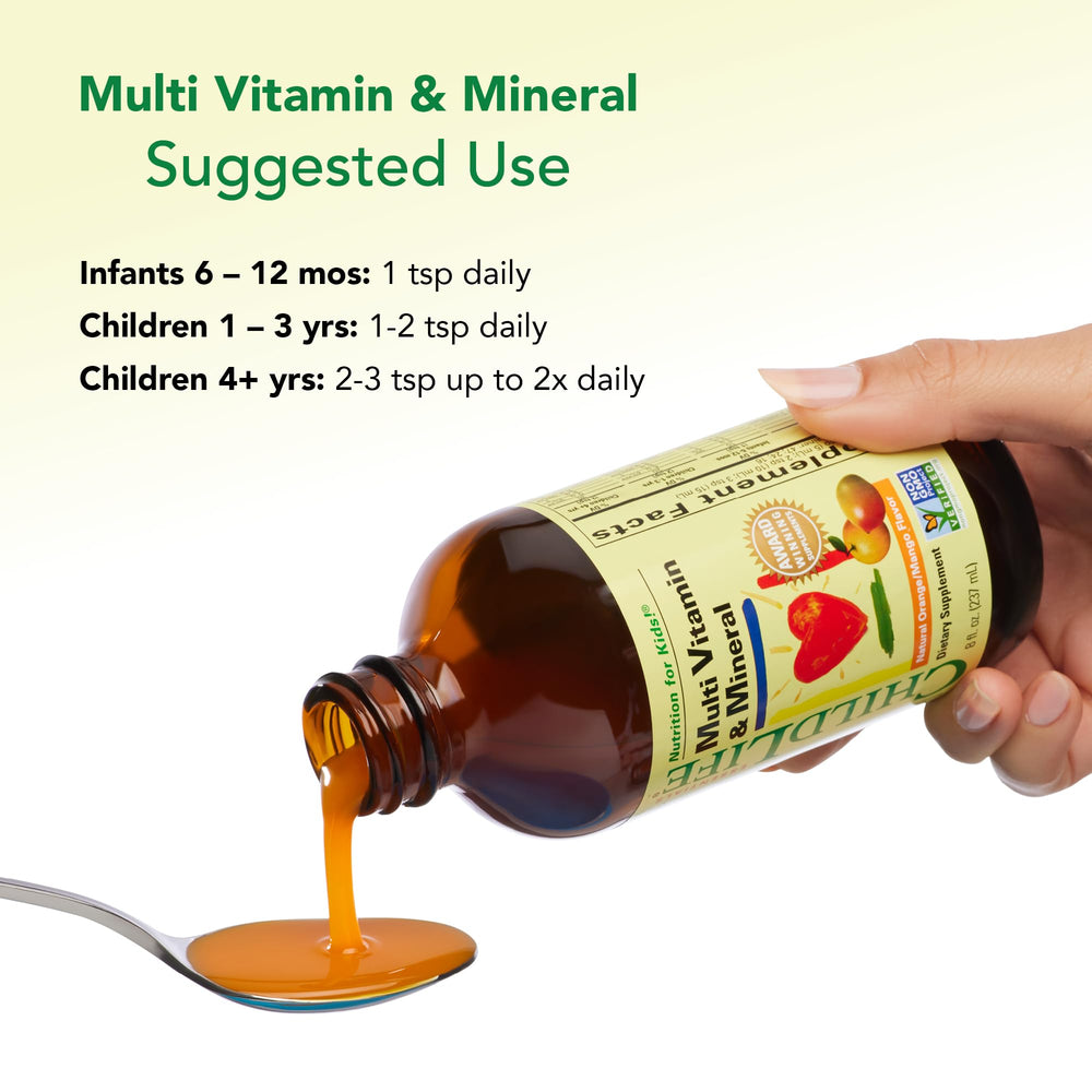 Front view of CHILDLIFE ESSENTIALS bottle highlighting vitamins and flavor.
