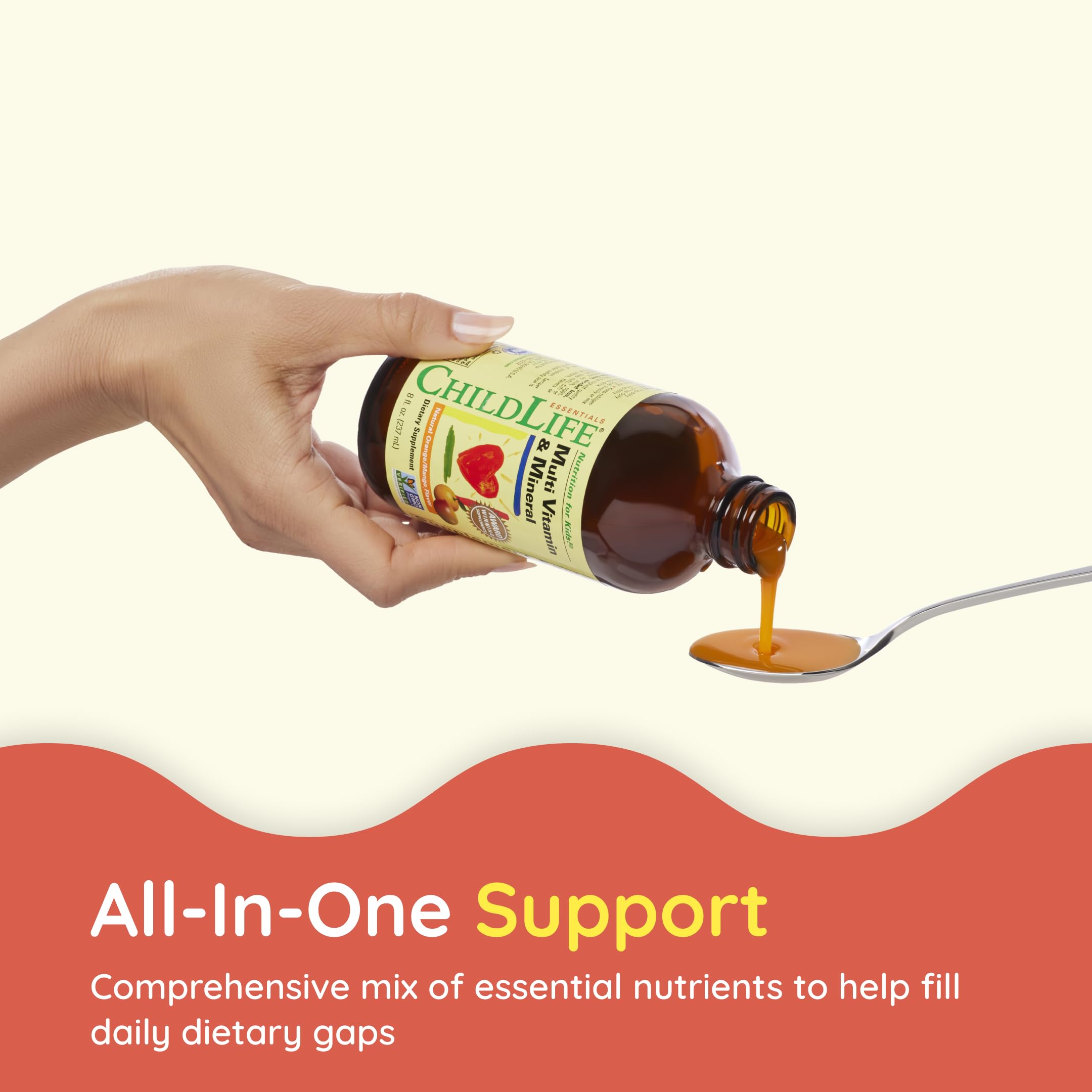 CHILDLIFE Essentials label shows 12 vitamins and minerals at a quick glance.