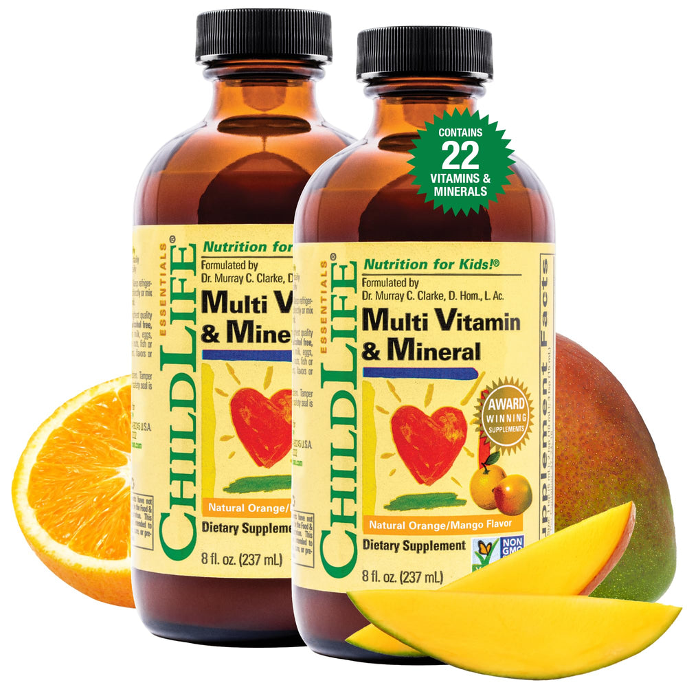 CHILDLIFE ESSENTIALS Kids Multivitamin bottle with orange mango flavor supports daily growth.