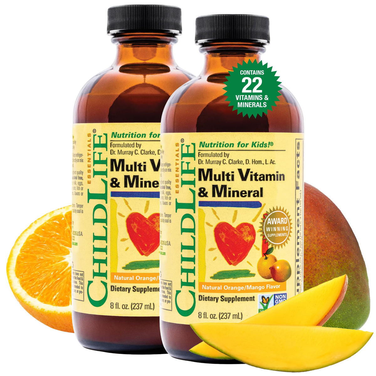CHILDLIFE ESSENTIALS Kids Multivitamin bottle with orange mango flavor supports daily growth.