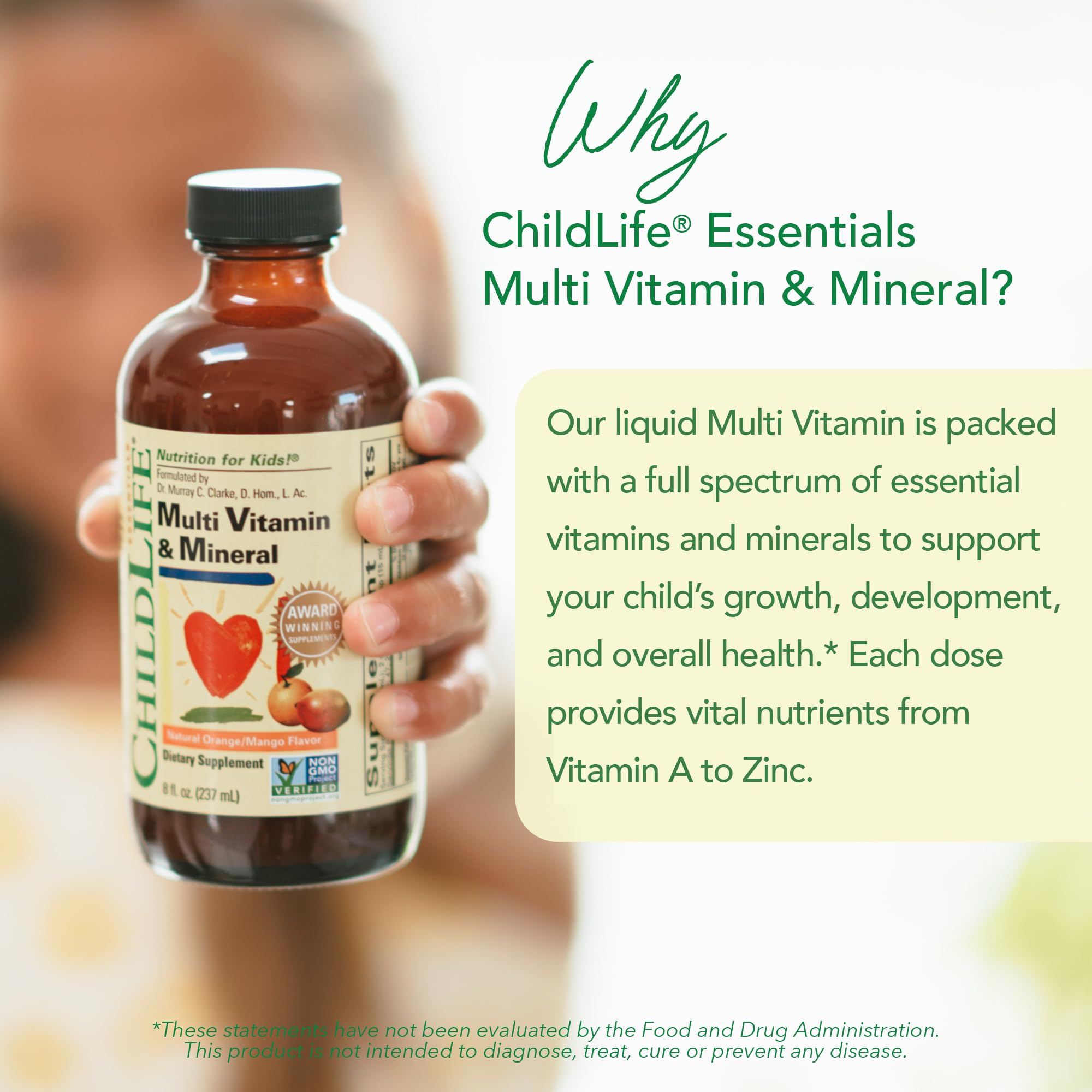 Spoon-dosed CHILDLIFE ESSENTIALS bottle demonstrates easy age based dosing.