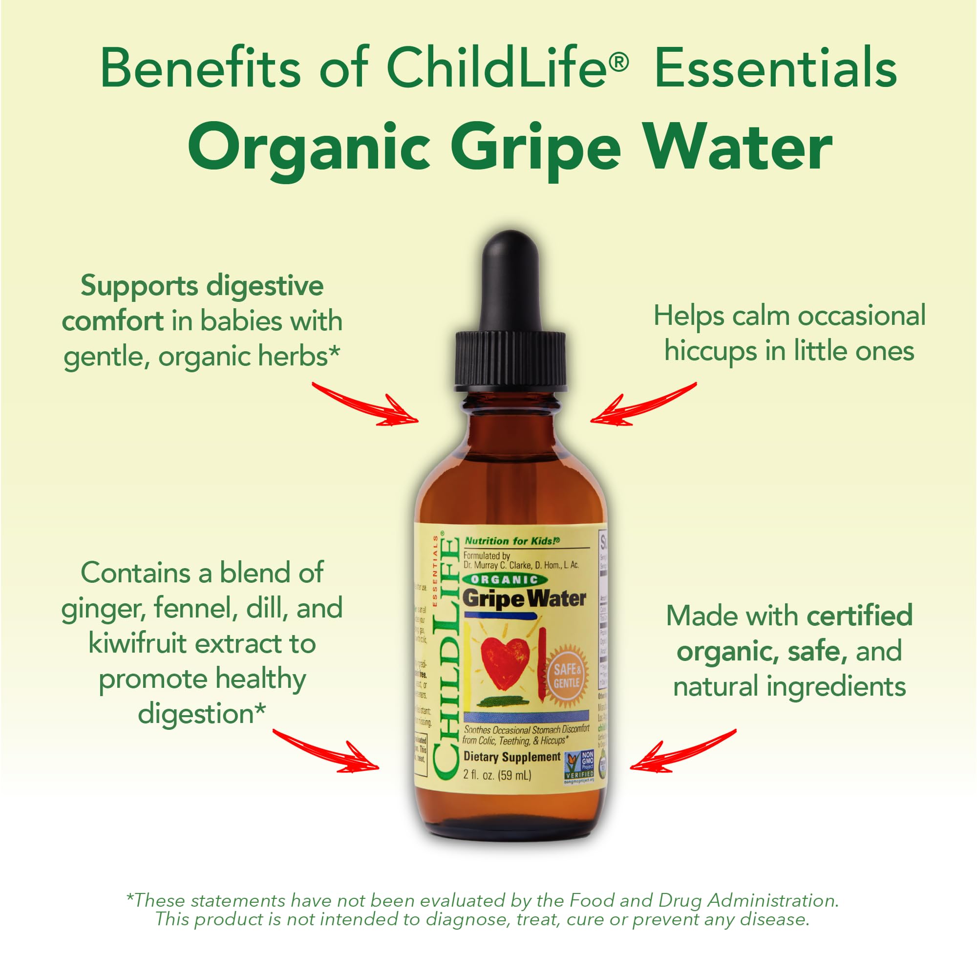 Closeup of ChildLife Essentials Organic Gripe Water label highlighting organic formula