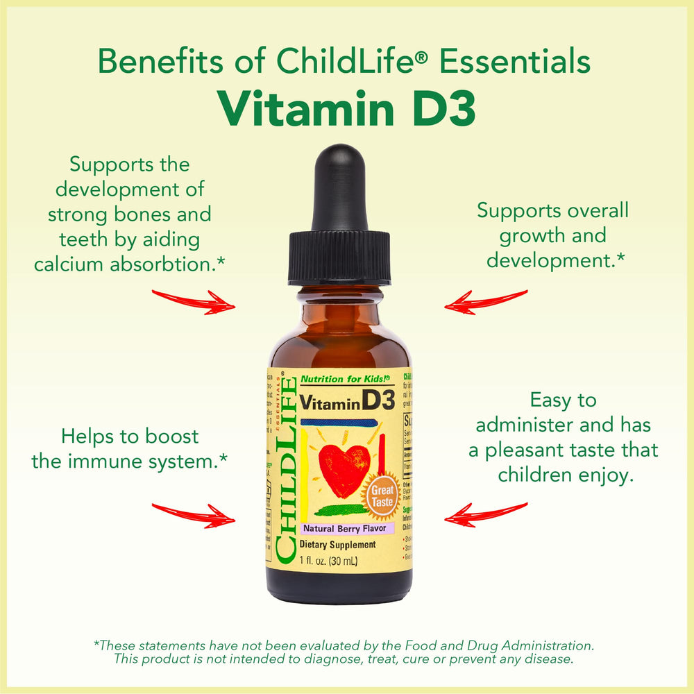 CHILDLIFE ESSENTIALS Vitamin D3 liquid bottle for kids supports immune health and bone development.